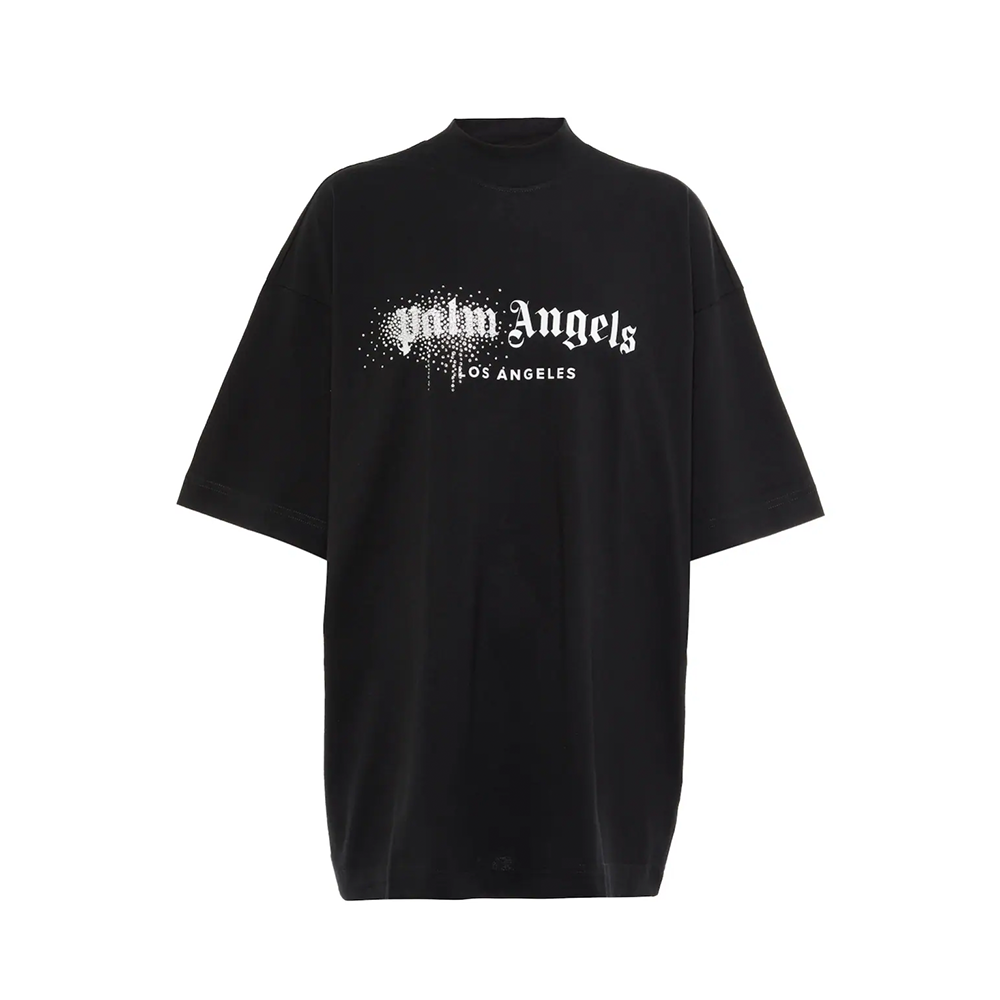 PALM ANGELS Logo Print Crystal Embellished Black T-Shirt for Men - Trendy Streetwear Fashion Top for Casual Outfits & Night Out