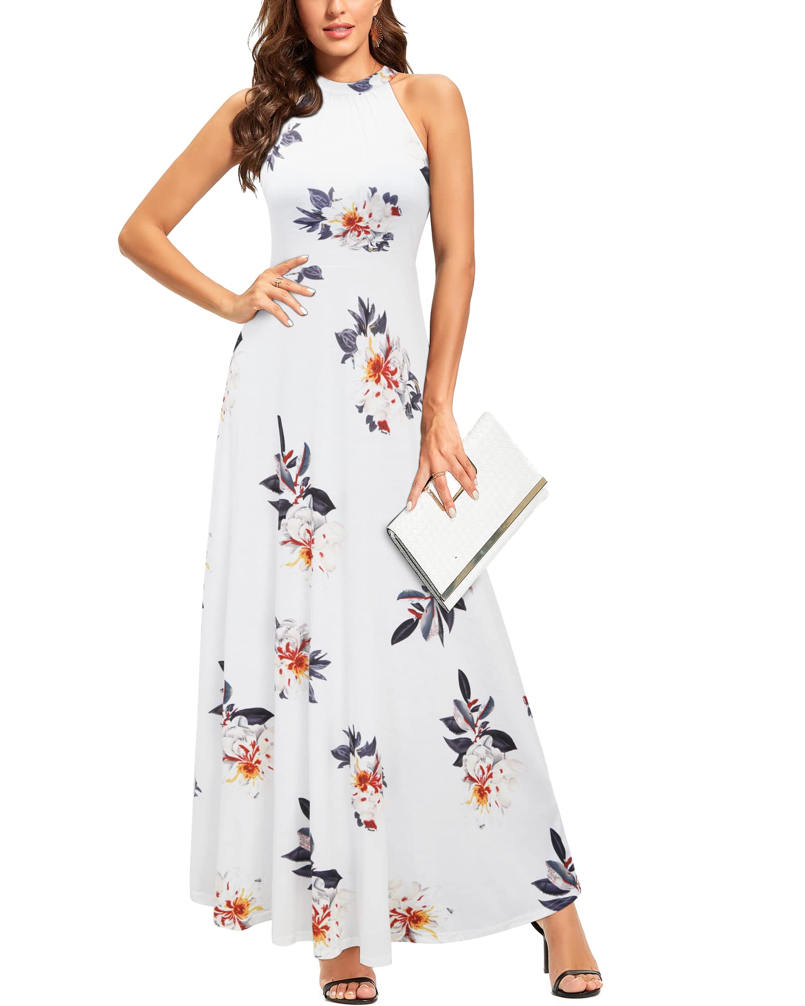 STYLEWORD Women's 2023 Summer Maxi Dress - Floral Hawaiian Beach Halter Neck Formal Long Gown for Spring Wedding Guest, Party & Vacation