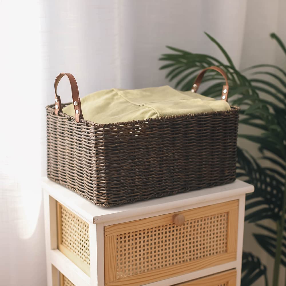 PP Tube Storage Basket with Handle - Large Brown Rectangular Home Storage Bin for Organizing