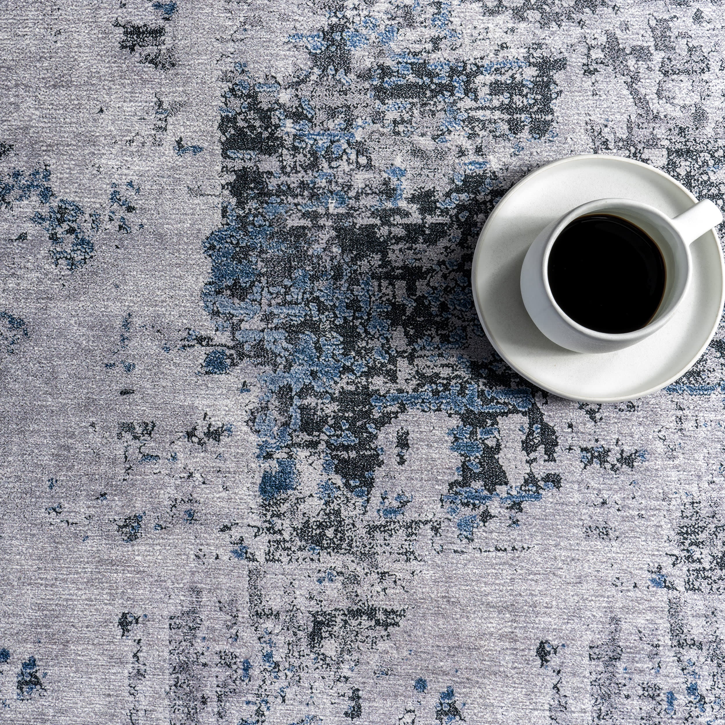 Faded Abstract Spill Proof Washable Rug - Non-Slip Blue Grey Area Rug for Living Room, Bedroom & Nursery | Waterproof & Easy Clean Home Decor