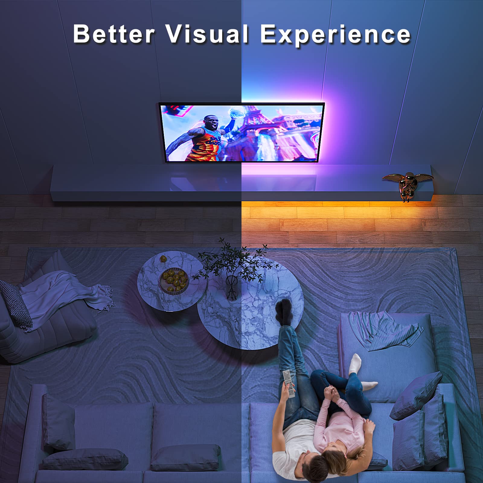 BASON LIGHTING 17ft Smart TV LED Backlight Strip with Bluetooth App & Remote Control - Color Changing RGB Lights with Music Sync for 75-82 Inch TVs - Perfect for Gaming Room, Bedroom & Home Theater Entertainment