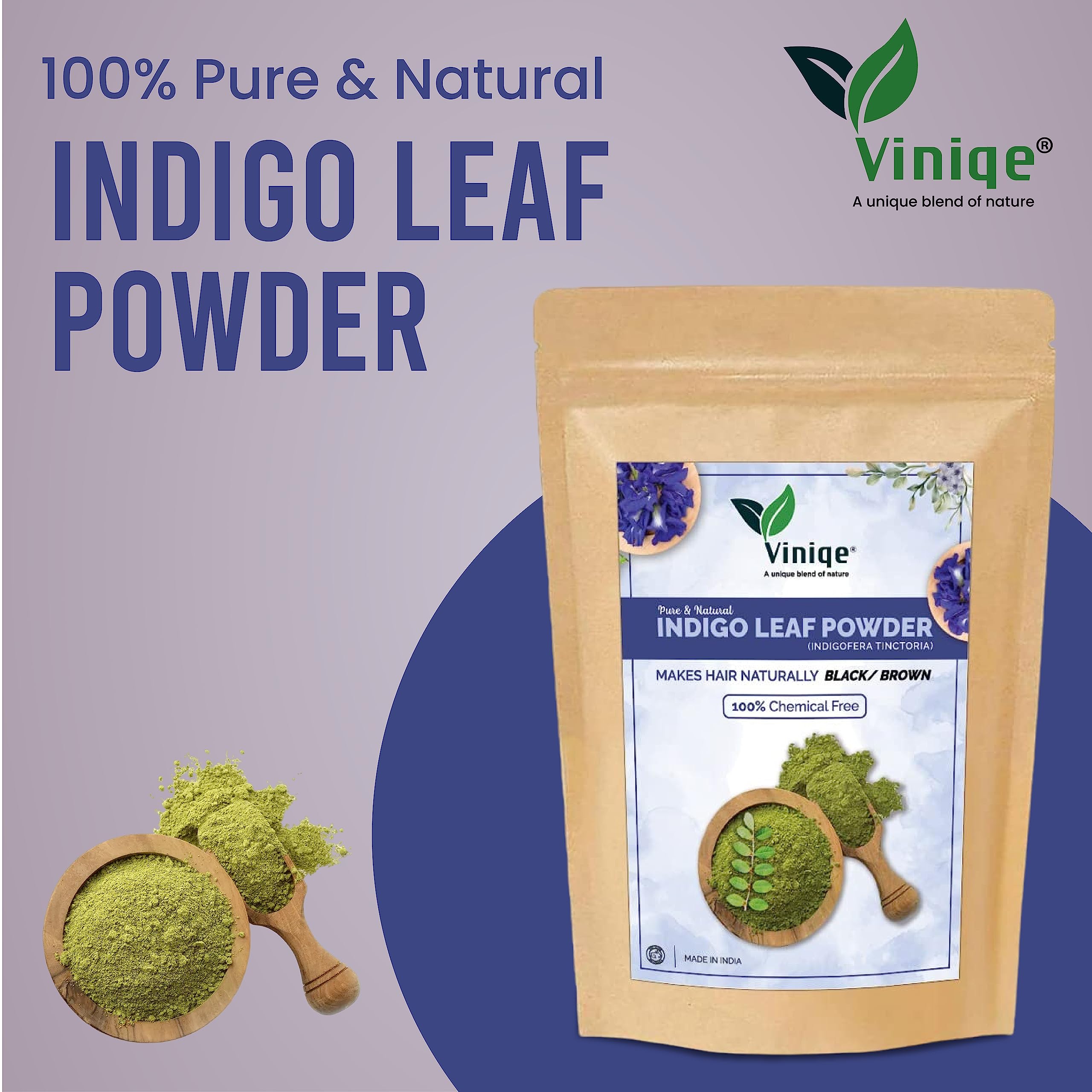 Viniqe Indigo Leaf Powder - 100% Pure Natural Hair Dye for Black & Brown Hair | Vegan, Cruelty-Free, No Preservatives | Promotes Hair Growth & Care | Safe for Men & Women (100g) | Perfect for DIY Hair Coloring, Beard Dye & Natural Hair Treatment at Home