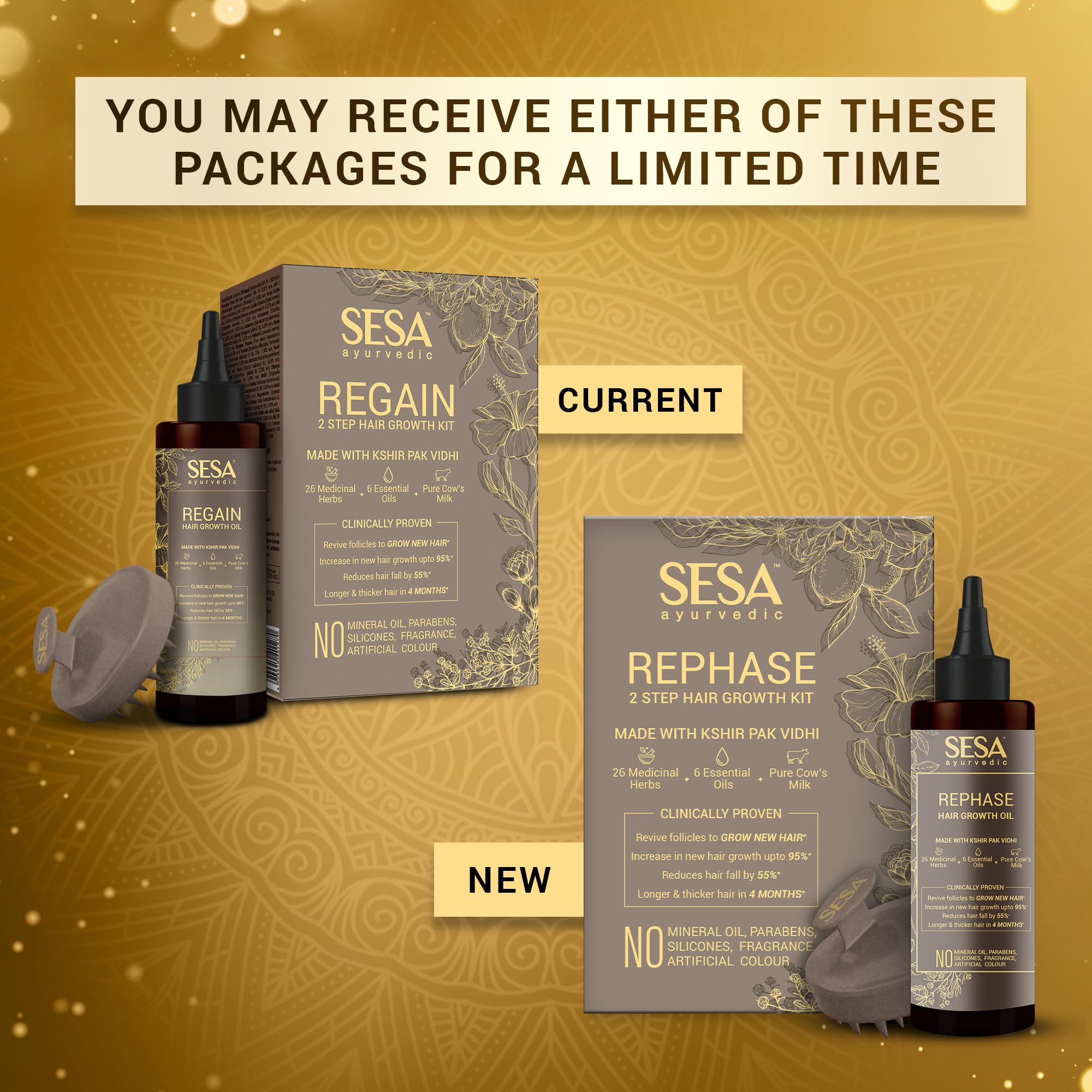 SESA Ayurvedic Rephase 2 Step Hair Growth Oil Kit - 26 Herbs & 6 Essential Oils for Stronger Hair, Reduces Hair Fall with Scalp Massager - 100ml Natural Hair Treatment for Women & Men - Perfect for Daily Hair Care & Scalp Nourishment