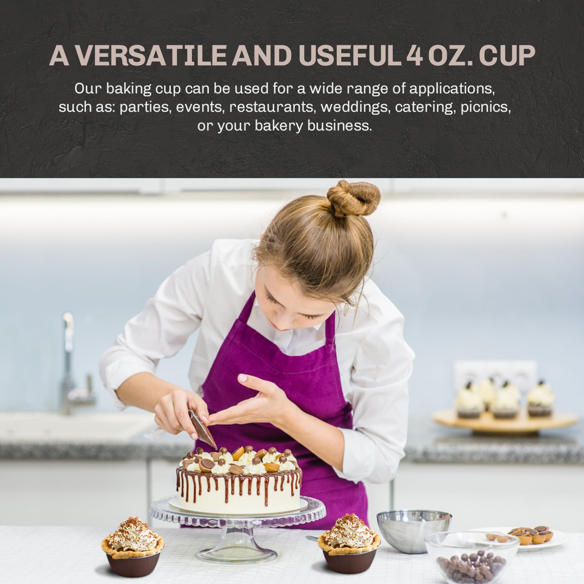 KitchenDance 4oz Disposable Aluminum Baking Cups with Lids - 1000 Pack Brown Stackable Foil Pans for Creme Brulee, Flan, Cupcakes, Desserts - Perfect for Home Baking, Party Catering & Meal Prep