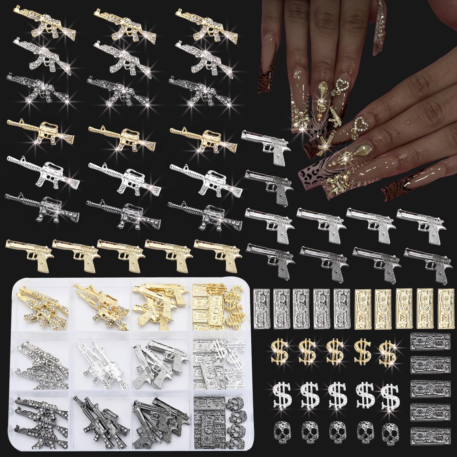 63PCS 3D Nail Charms Set - Gold, Silver & Black Alloy Nail Art Decorations with Dollar, Gun & Coin Charms, Nail Stones & Jewels for DIY Manicure - Perfect for Nail Salon, Home Nail Art & Gift Giving