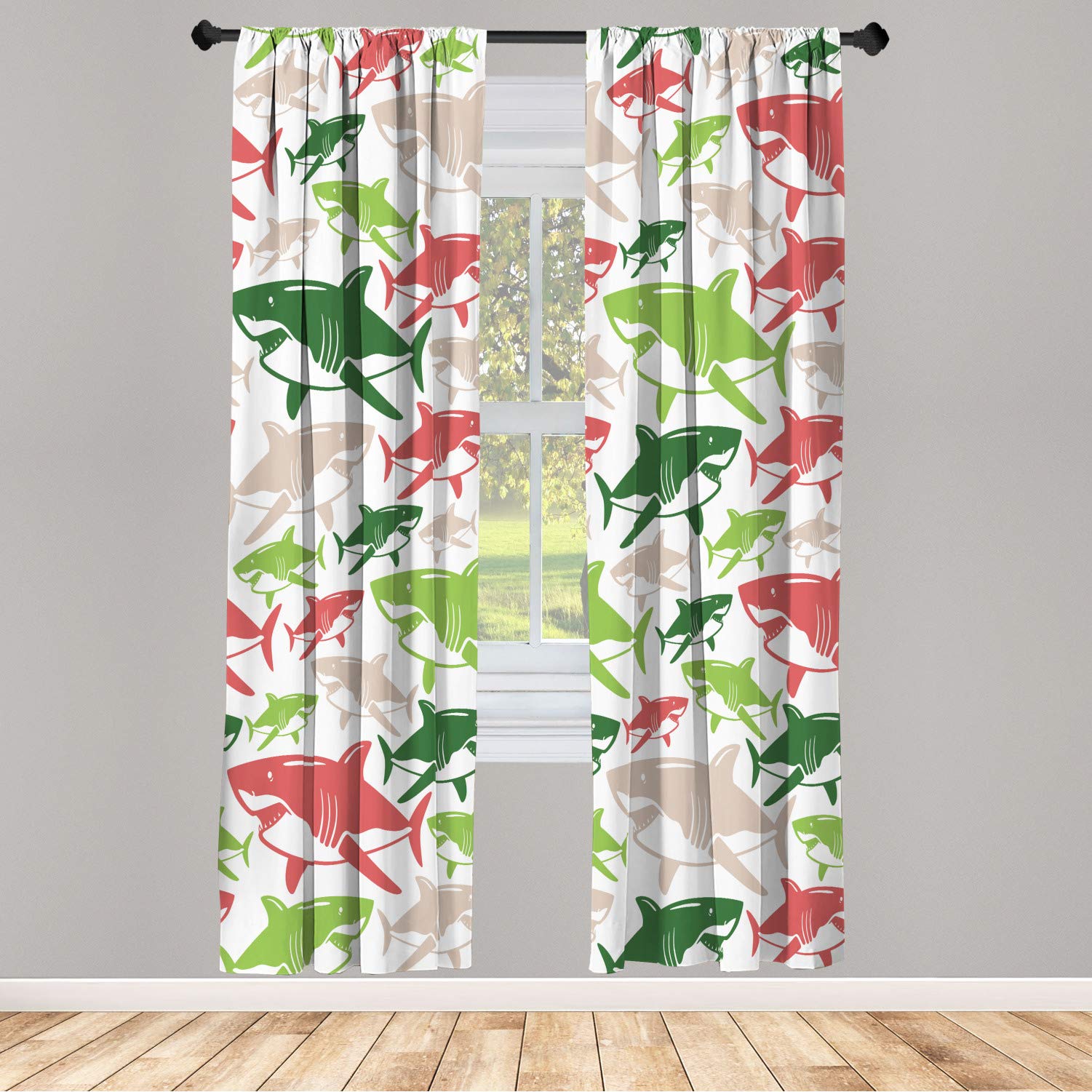 Ambesonne Shark Window Curtains - Colorful Underwater Fish Pattern, Lightweight Decorative 2-Panel Set with Rod Pocket, 28