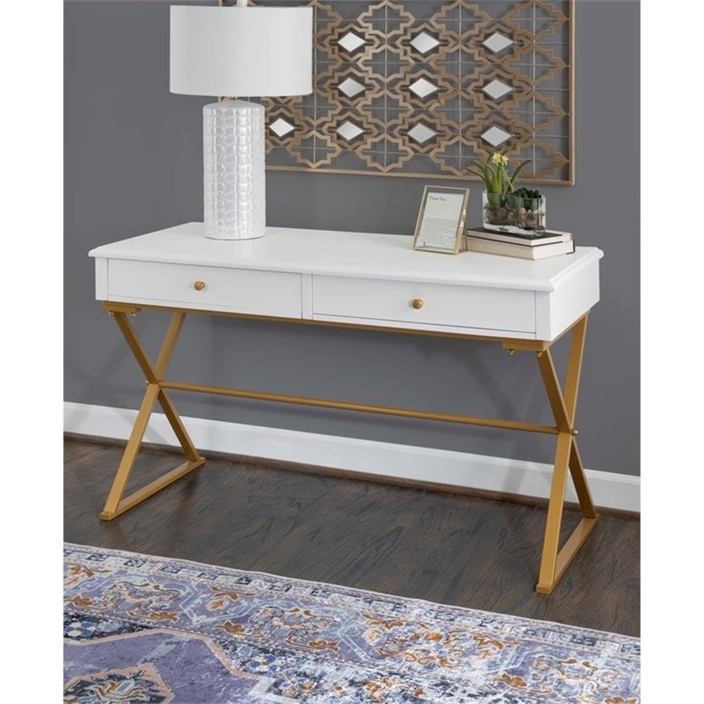 Modern 2-Drawer Wood and Metal Office Desk in White & Gold - Stylish Home Office Furniture for Small Spaces, Work from Home & Study Rooms