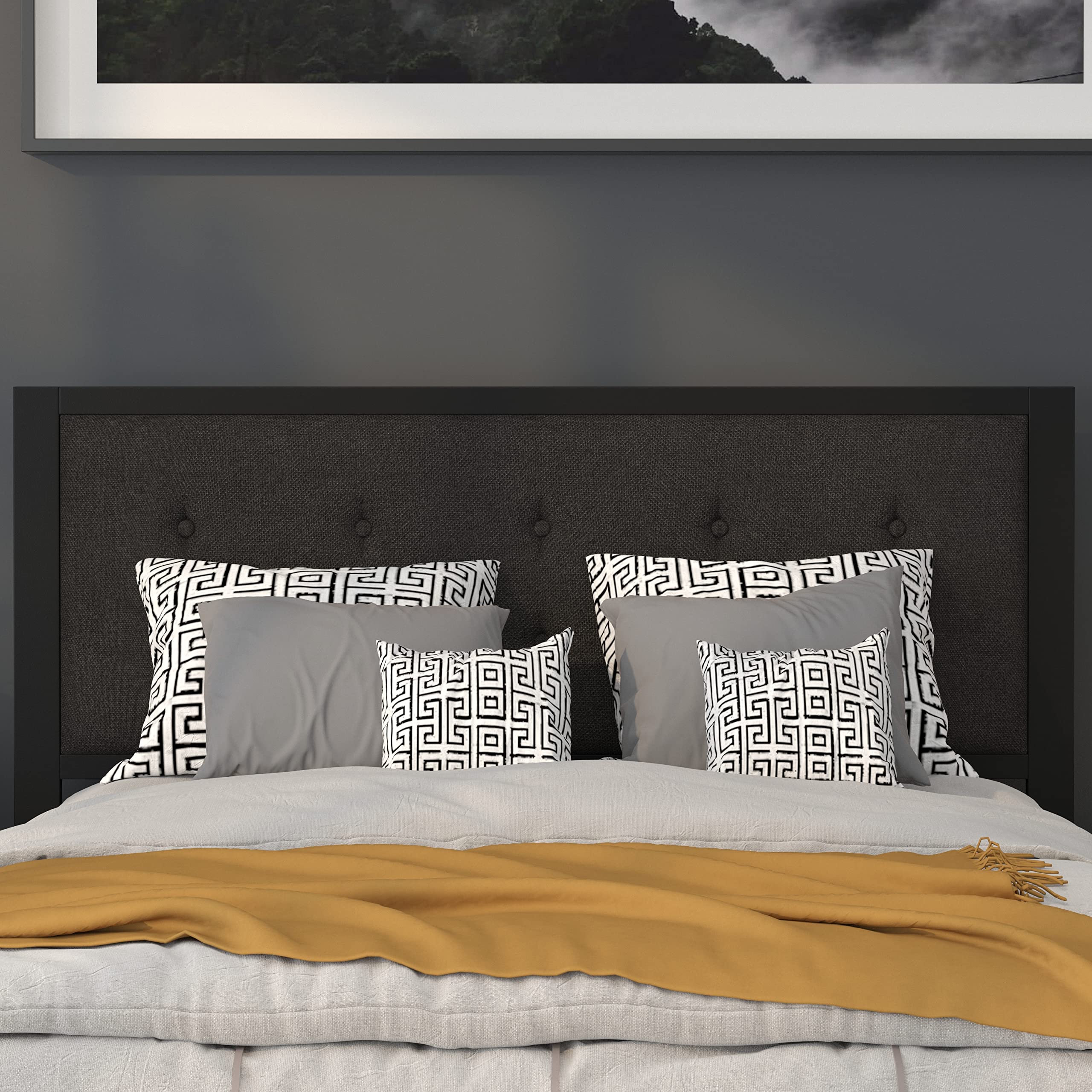 Flash Furniture Bristol Metal Tufted Upholstered Queen Size Headboard - Black Fabric for Bedroom, Guest Room & Master Suite Decor