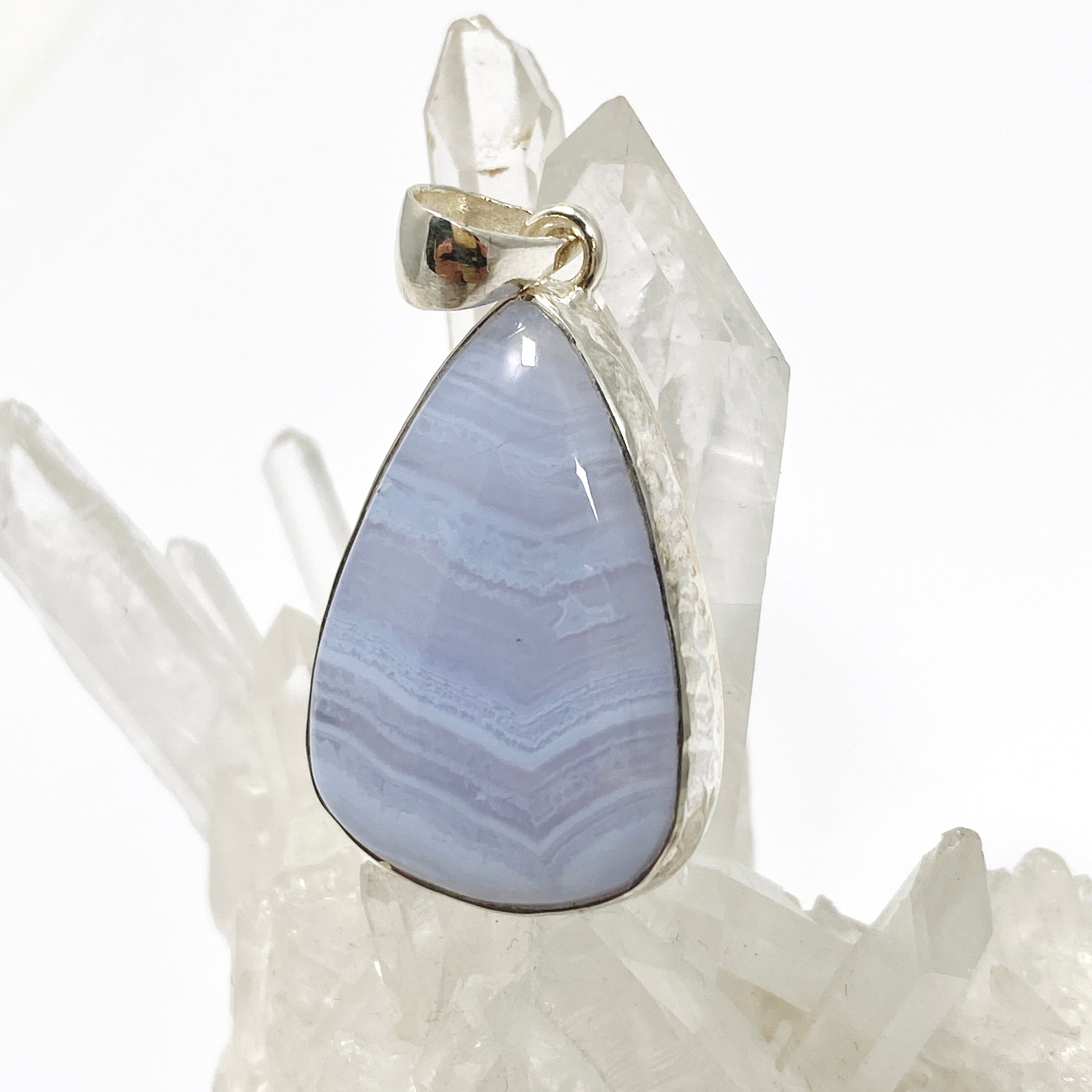 Blue Lace Agate Teardrop Cabochon Pendant in Hammered Sterling Silver Setting KPGJ4830 - Elegant Jewelry for Women, Perfect for Weddings & Special Occasions