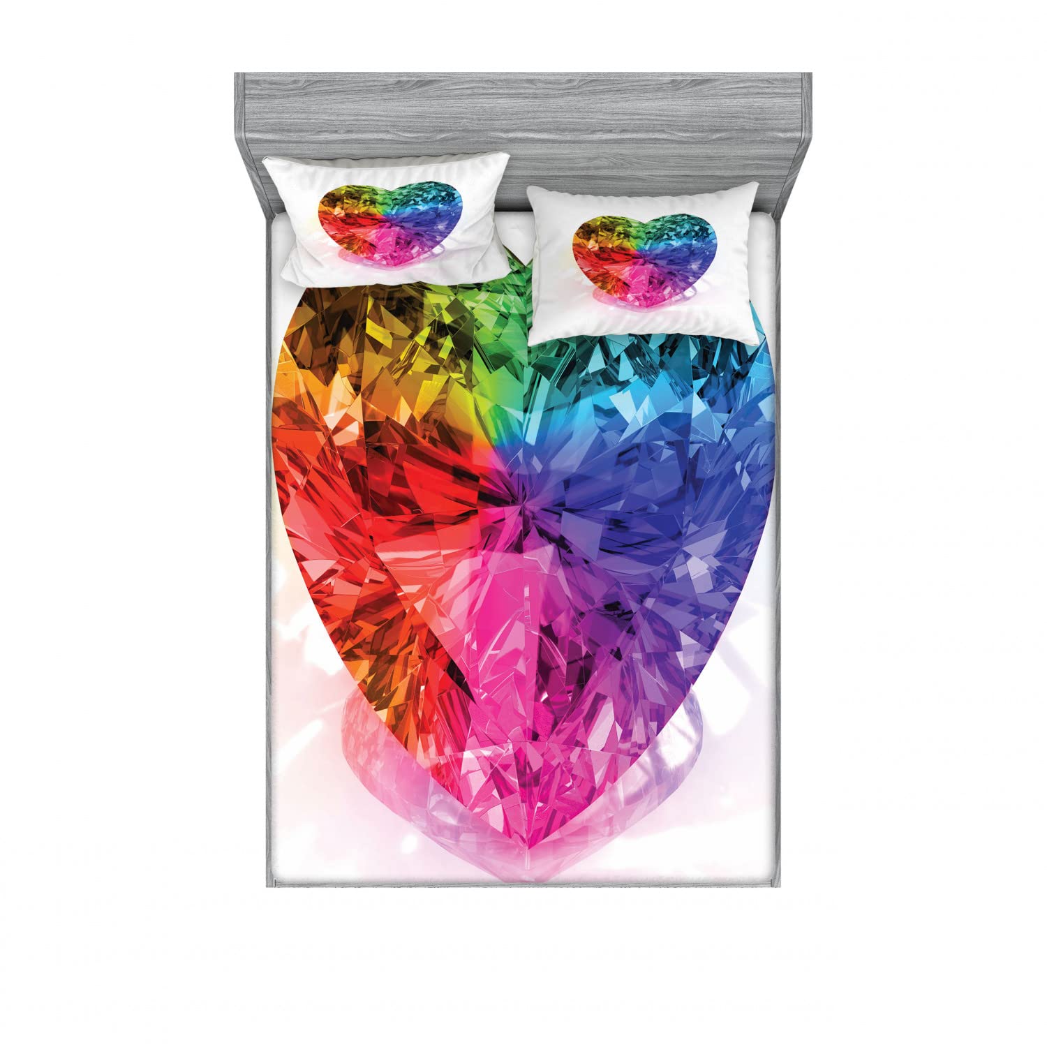 Ambesonne 2-Pack Queen Size Fitted Sheets & Pillow Sham Set - Romantic Love Heart Design, 4-Piece Bedding Set (2 Fitted Sheets + 4 Pillow Covers) | Vibrant Multicolor Pattern | Perfect for Valentine's Day, Anniversary Gifts & Master Bedroom Decor