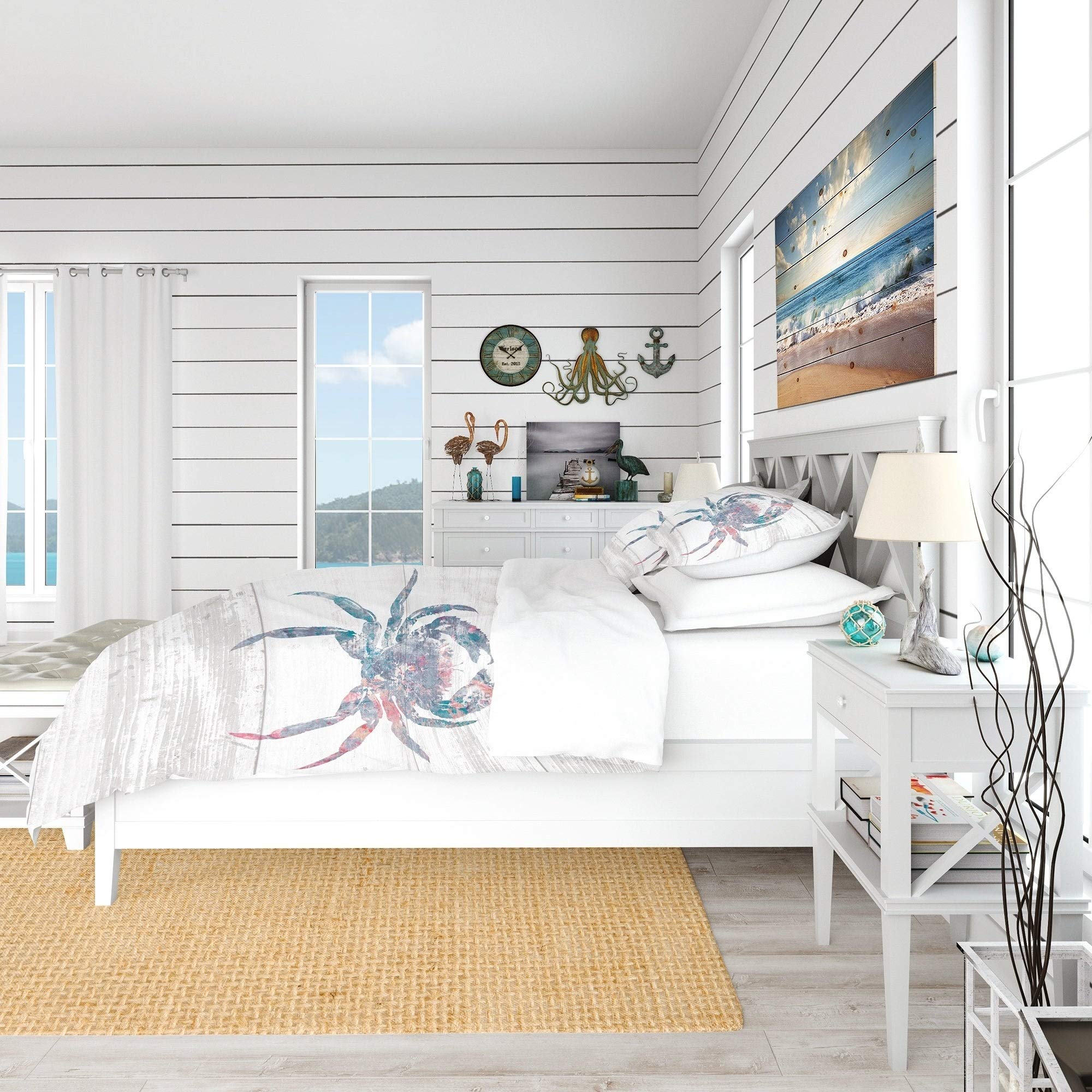 Designart Pink Crab Ocean Life Nautical Twin Bedding Set - 2 Piece Duvet Cover + 1 Pillow Sham (Comforter Not Included) | Coastal Beach Themed Bedroom Decor for Kids & Teens