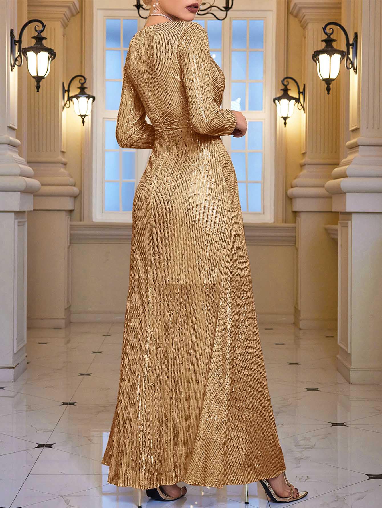 Meilun Women's Long Sleeve Sequin Formal Gown - Sparkly V-Neck Maxi Dress for Evening Parties, Prom, Weddings & Special Occasions