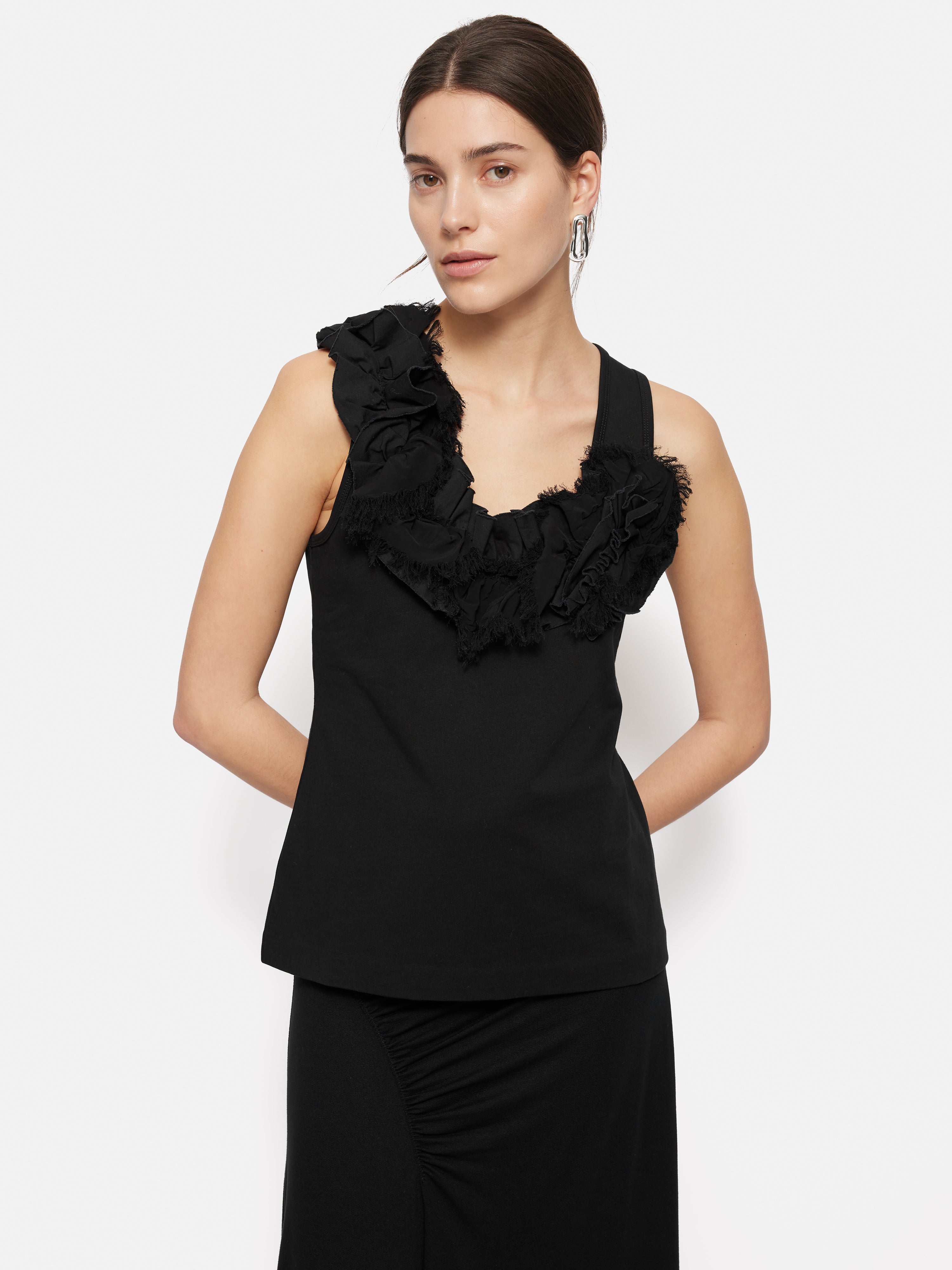 Black Ruffle Trim Jersey Top for Women - Casual & Party Wear - Comfortable Stretch Fabric for Everyday Style
