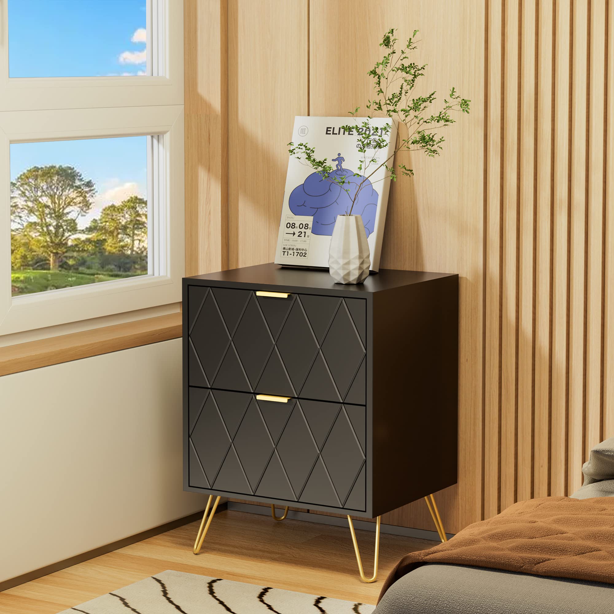 Anbuy Black Nightstand Set of 2 with Gold Handles - Modern Bedside Tables with 2 Drawers, Sturdy Gold Legs for Bedroom & Living Room - Perfect for Storing Books, Lamps & Bedroom Essentials