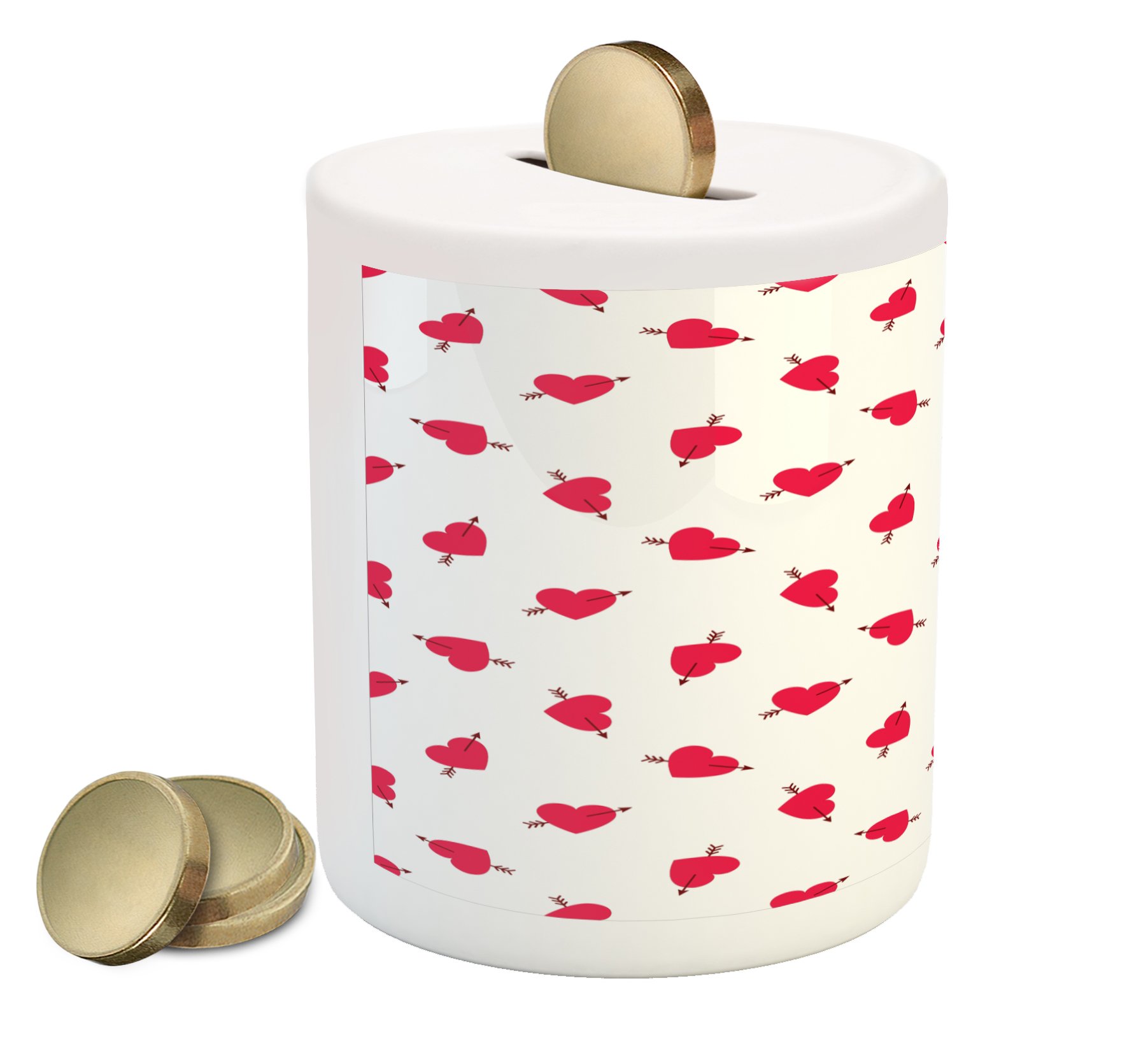 Ambesonne Valentine's Day Piggy Bank - Cartoon Hearts with Arrows Love Romance Ceramic Coin Bank for Cash Saving, Dark Coral Brown White | Perfect Gift for Couples, Anniversaries & Romantic Occasions