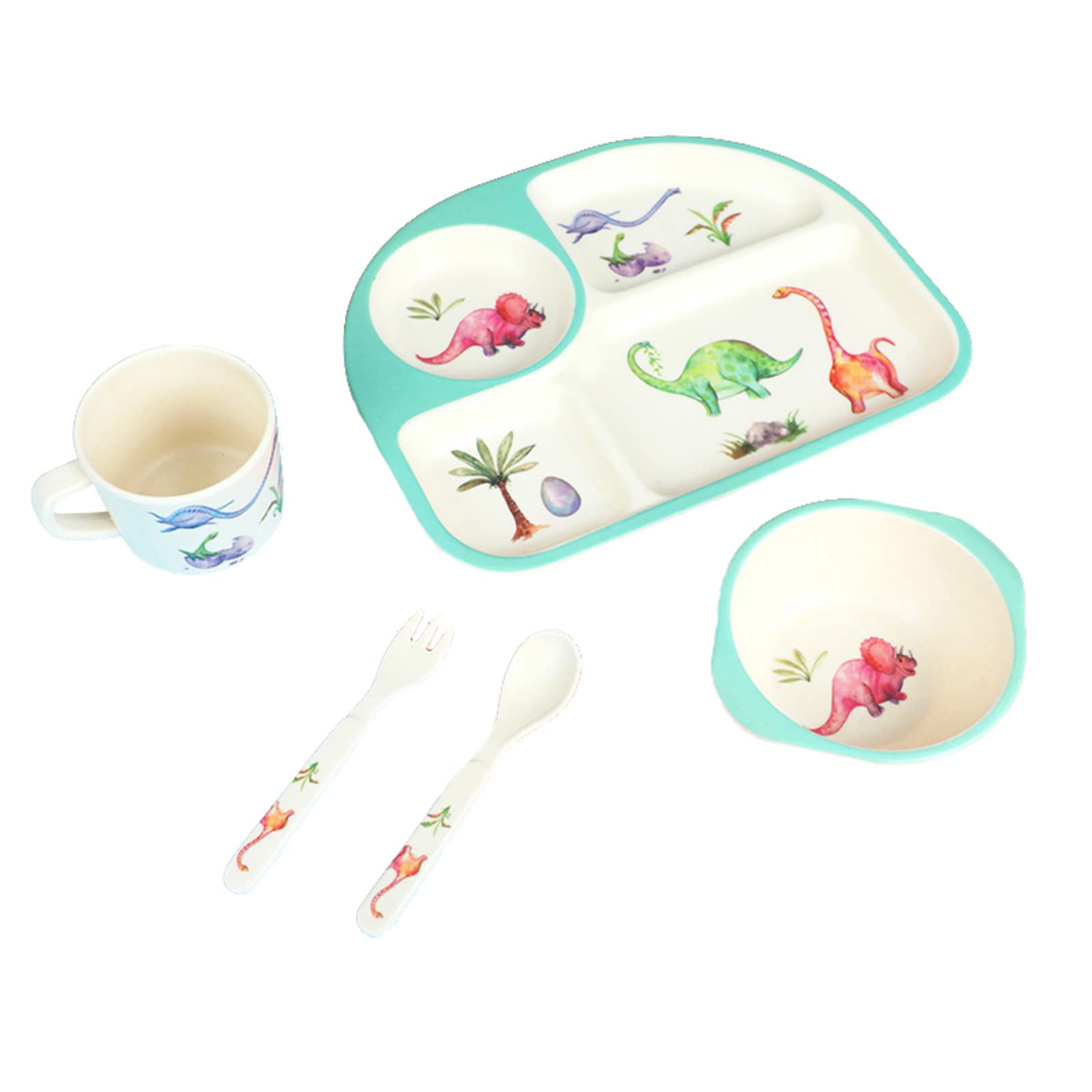 Eco-Friendly Bamboo Fiber Baby Dinnerware Set - 5-Piece Dinosaur-Themed Plates, Bowls, Cups, Spoons & Forks for Kids | BPA-Free, Safe for Baby-Led Weaning | Perfect as Christmas Gifts, Birthday Presents & Everyday Mealtime Essentials
