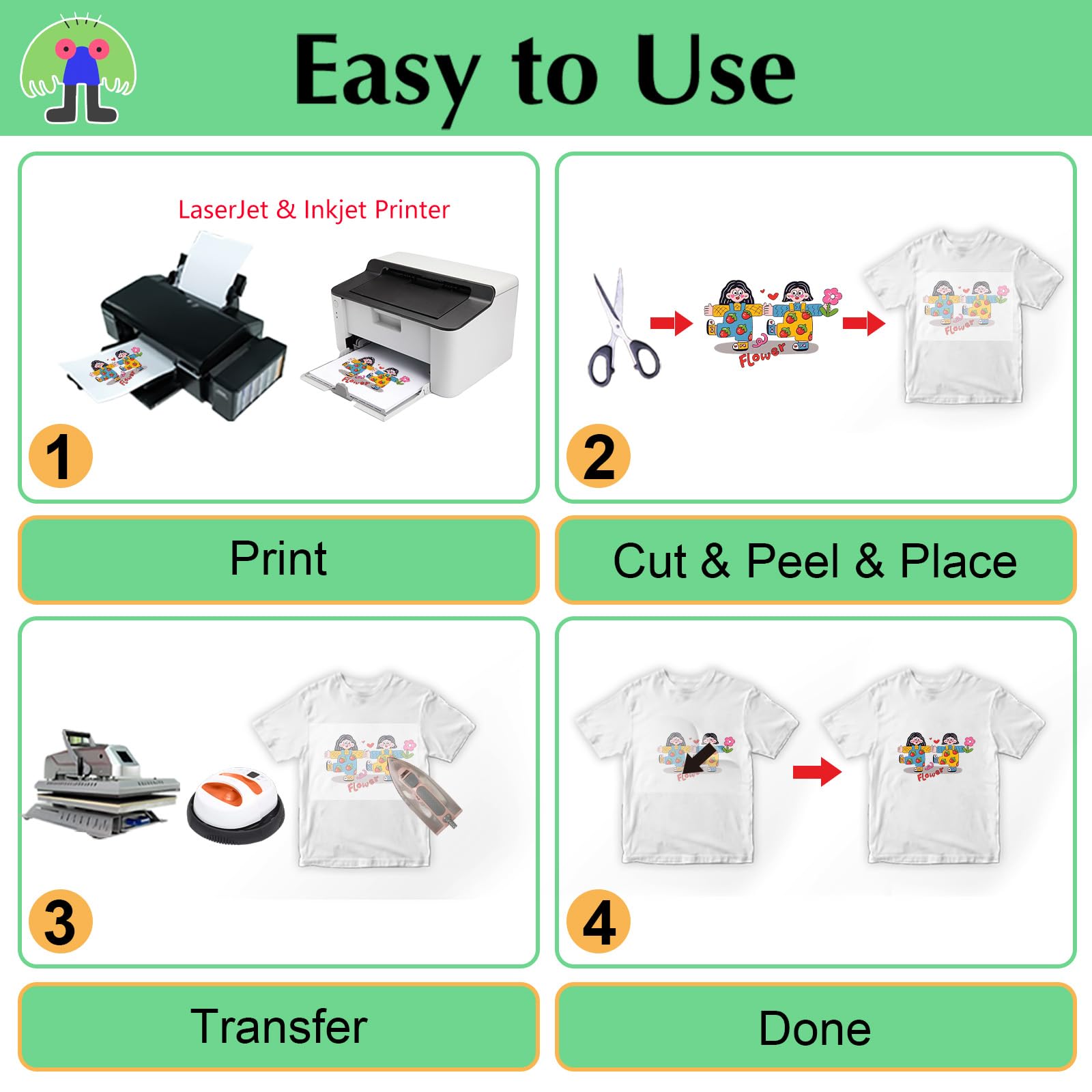DIY Kids' Heat Transfer Kit - 10 Sheets Iron-on Transfer Paper (7 Light & 3 Dark) 8.5