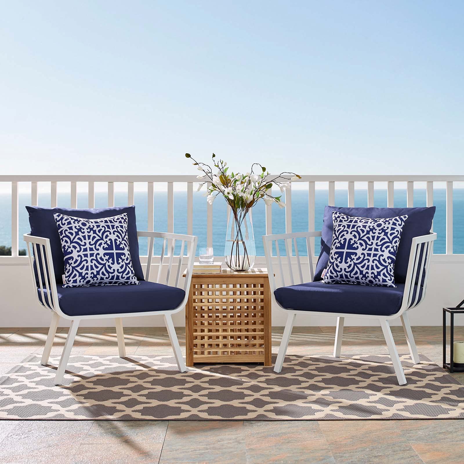 Modern Outdoor Lounge Chair Armchair Set of 2 - Aluminum Metal Frame with White Blue Navy Cushions - Perfect for Patio, Cafe, Bistro & Backyard Relaxation