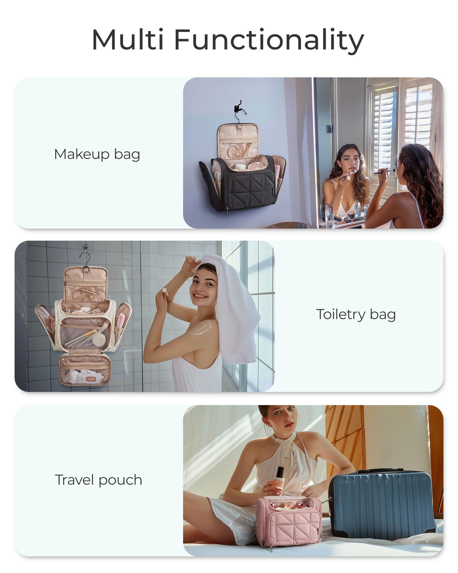 BAGSMART Waterproof Hanging Toiletry Bag for Women - Large Lightweight Travel Makeup Organizer with Wide Opening, Perfect for Cosmetics, Toiletries & Accessories (Pink) - Ideal for Air Travel, Camping & Gym Use