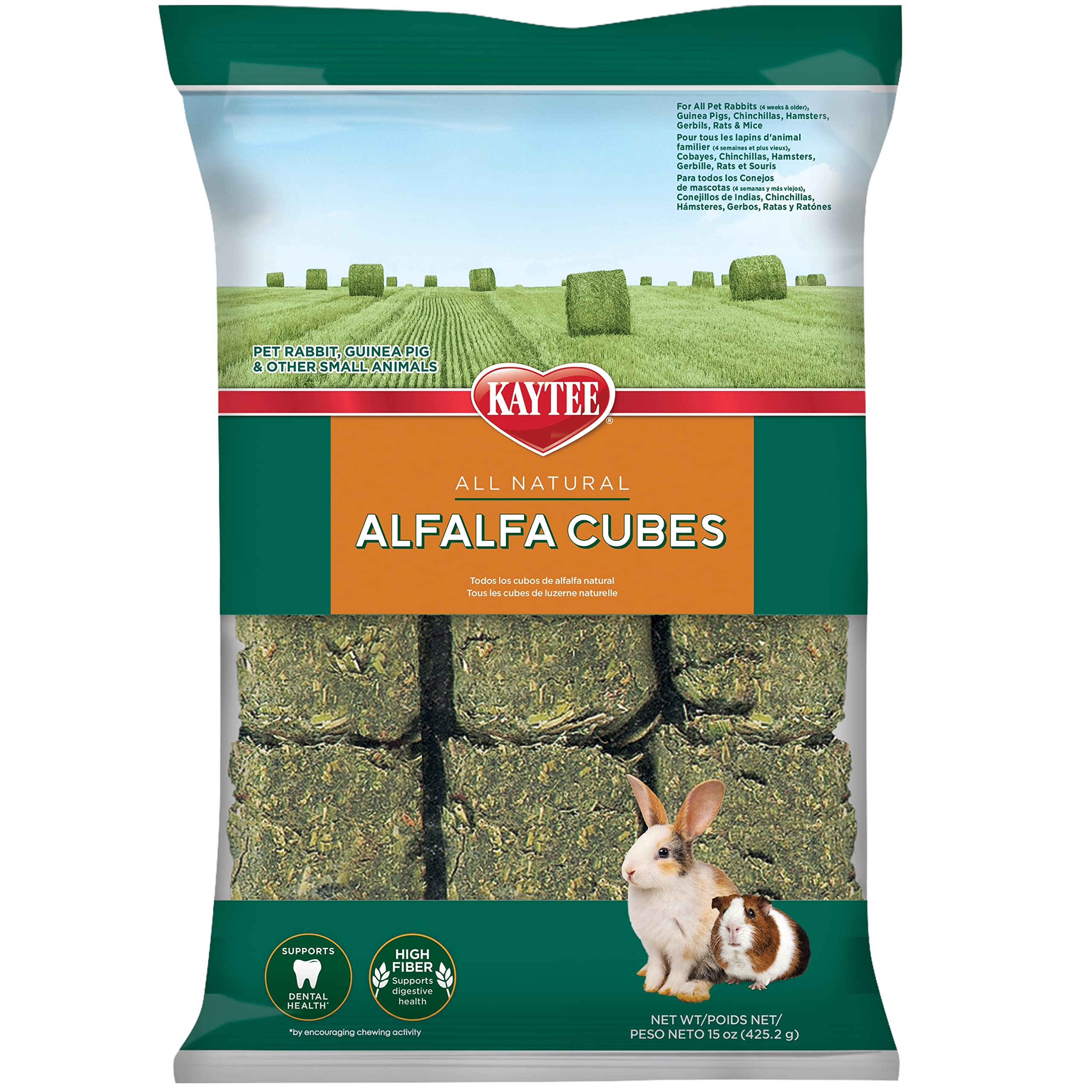 Kaytee Alfalfa Cubes for Rabbits, Guinea Pigs, Chinchillas & Small Pets - High Fiber Natural Treat, 15 oz - Perfect for Bonding & Training Rewards