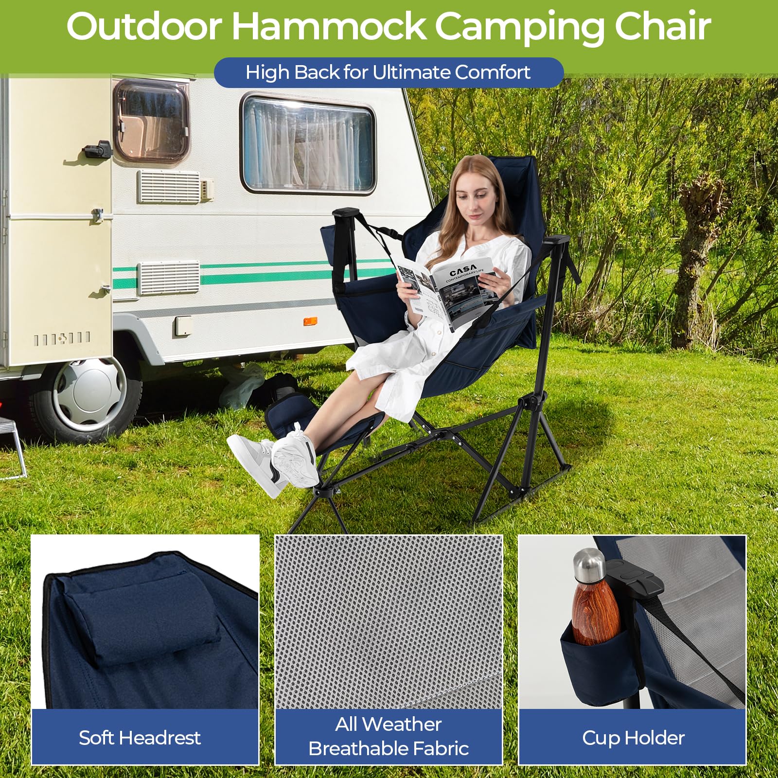GYMAX Portable Folding Camping Chair with Detachable Footrest & Adjustable Backrest - Lightweight Hammock Rocking Chair for Outdoor, Beach, Lawn, Fishing - Includes Pillow, Cup Holder & Carrying Bag (Navy Blue)