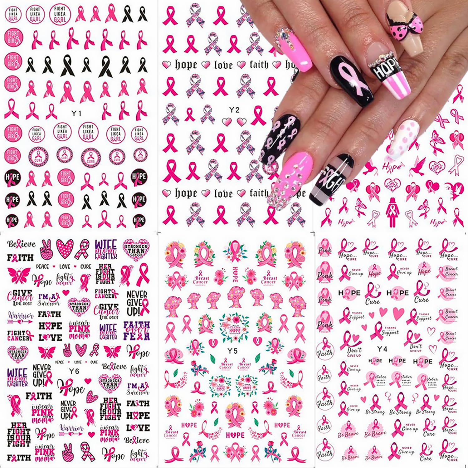 6 Sheets 3D Pink Ribbon Breast Cancer Awareness Nail Art Stickers - Self-Adhesive Heart Letter Nail Decals for Women & Girls - Perfect for Acrylic Manicures, Salon Nail Designs & Breast Cancer Awareness Events
