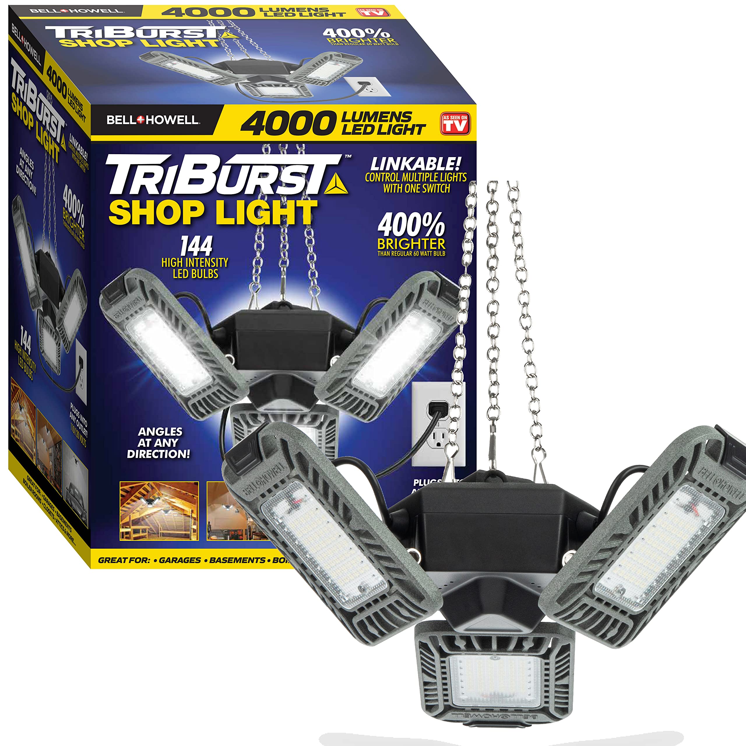 Triburst LED Shop Lights for Workshop - 4000 Lumens Super Bright Garage Lighting, Linkable LED Ceiling Light with 3 Panels, Plug-in Easy Installation - Perfect for Garage, Basement, Warehouse & Workshop Lighting