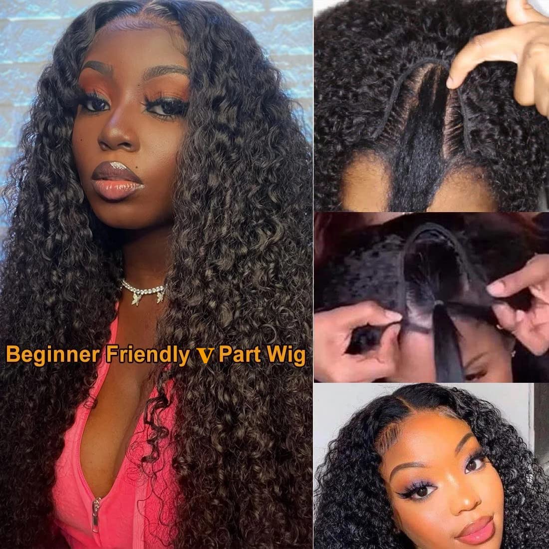 ISEE 18 Inch Brazilian Human Hair V Part Wig - Water Wave Curly Glueless No Leave Out U Part Wigs for Black Women (180% Density, Natural Color) - Perfect for Daily Wear, Parties & Special Occasions