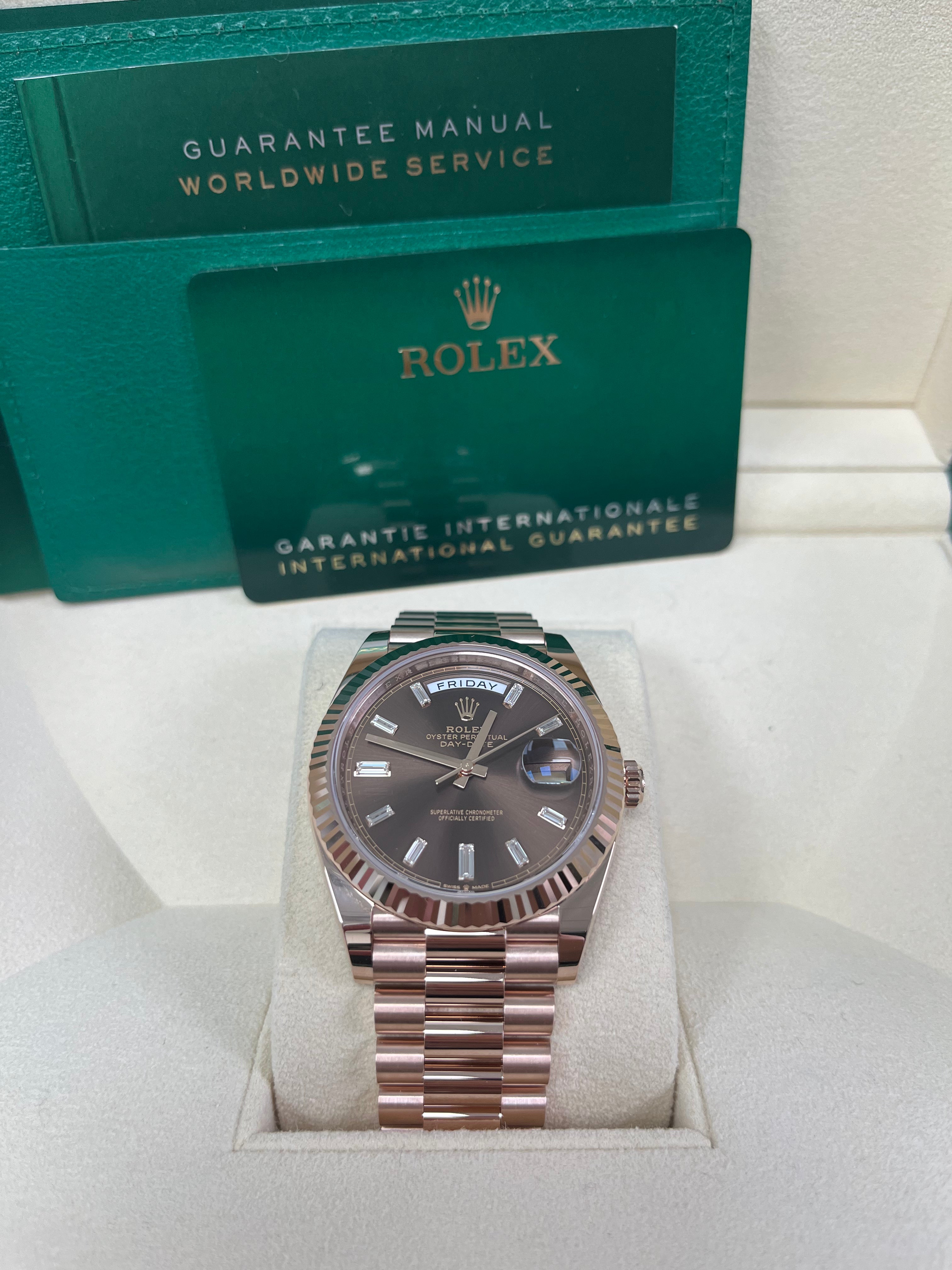 Rolex Day-Date 40 Rose Gold Men's Watch with Fluted Bezel & Chocolate Baguette Diamond Dial - Model 228235 | Luxury Dress Watch for Business & Formal Occasions