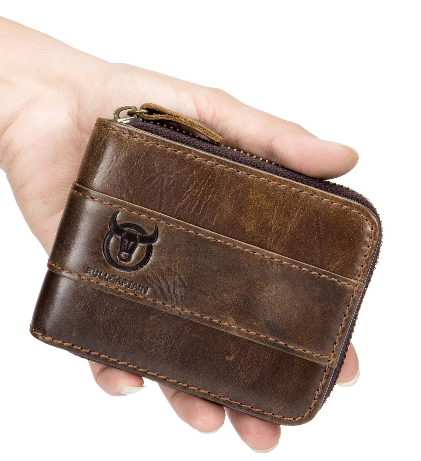 BULLCAPTAIN Genuine Leather Men's RFID Blocking Bifold Wallet with Zipper - Large Capacity Multi Card Holder & Coin Pocket (Brown) | Perfect for Everyday Use, Travel & Business