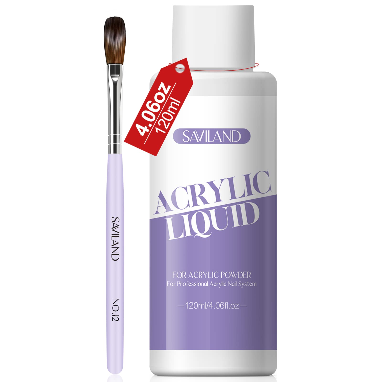 SAVILAND 4oz Acrylic Nail Liquid Monomer with #12 Brush - Non-Yellowing Professional Nail Art Solution for Acrylic Powder Application - DIY Home & Salon Nail Extension Kit (Perfect for Manicures, Pedicures & Nail Art Designs)