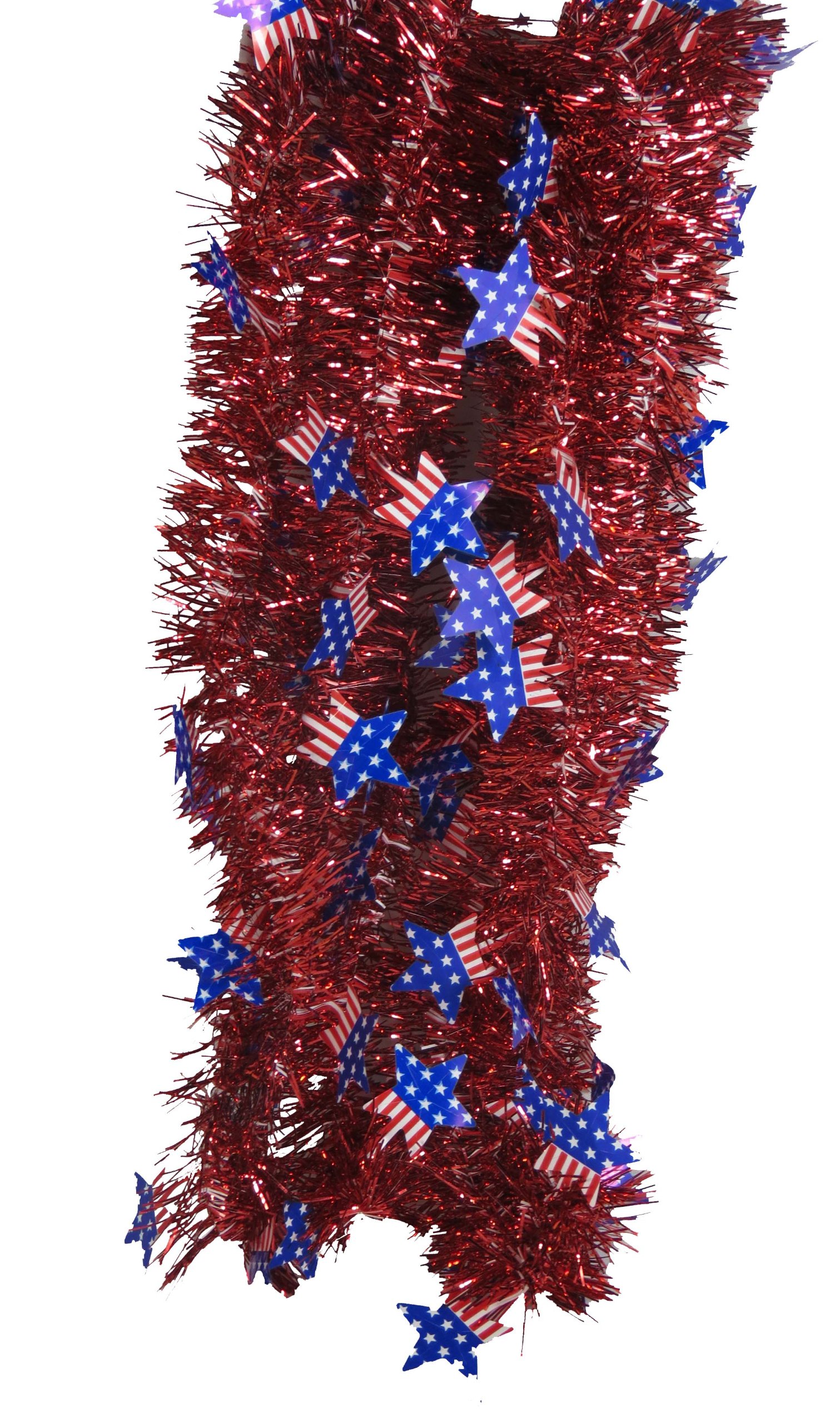 USA Patriotic 9 ft Red White & Blue Tinsel Garland with Stars - American Flag Decor for 4th of July, Memorial Day & Christmas Party Decorations