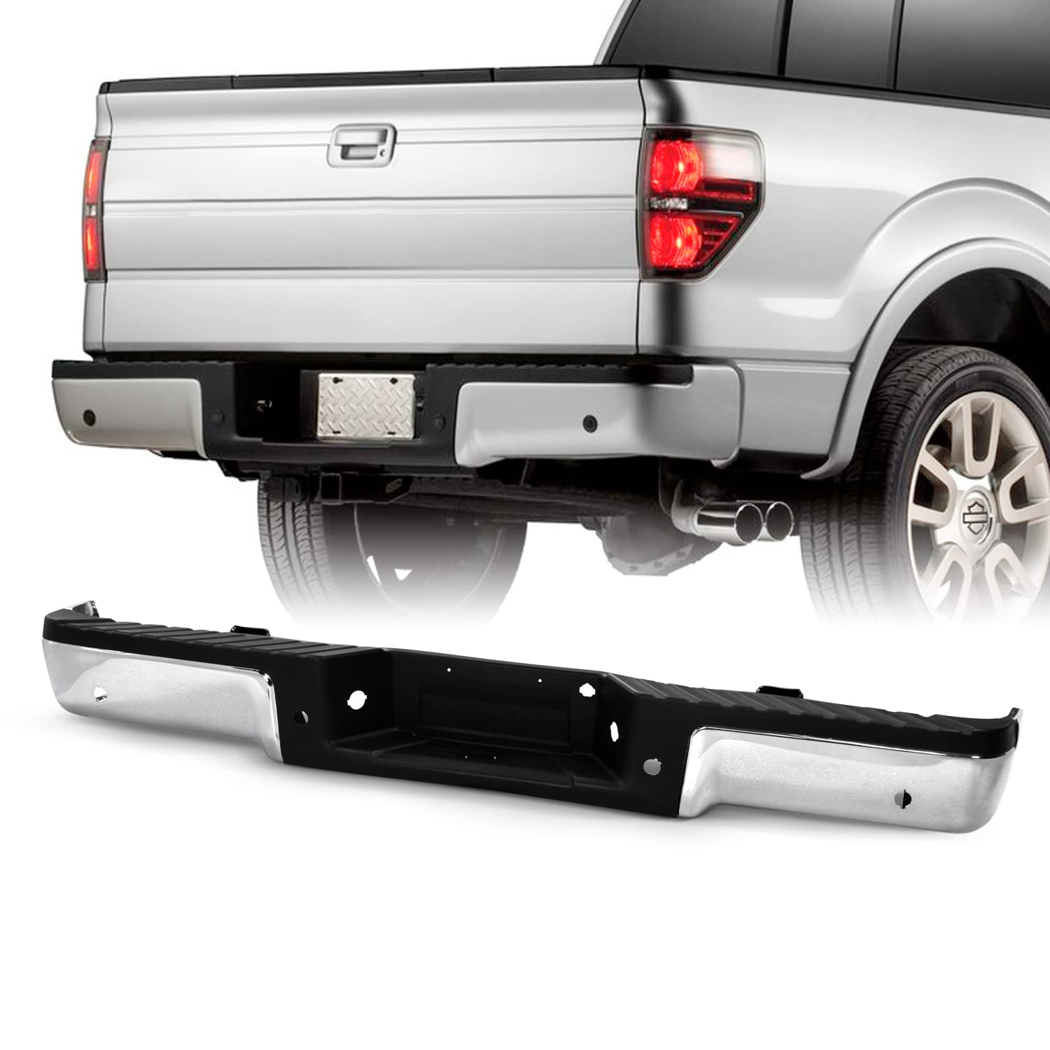 AKKON Rear Bumper with Step Pads & Brackets Lights Set [w/Sensor Hole] for 2009-2014 Ford F150 Standard/Styleside Bed - Durable Replacement for Off-Roading, Towing & Daily Driving
