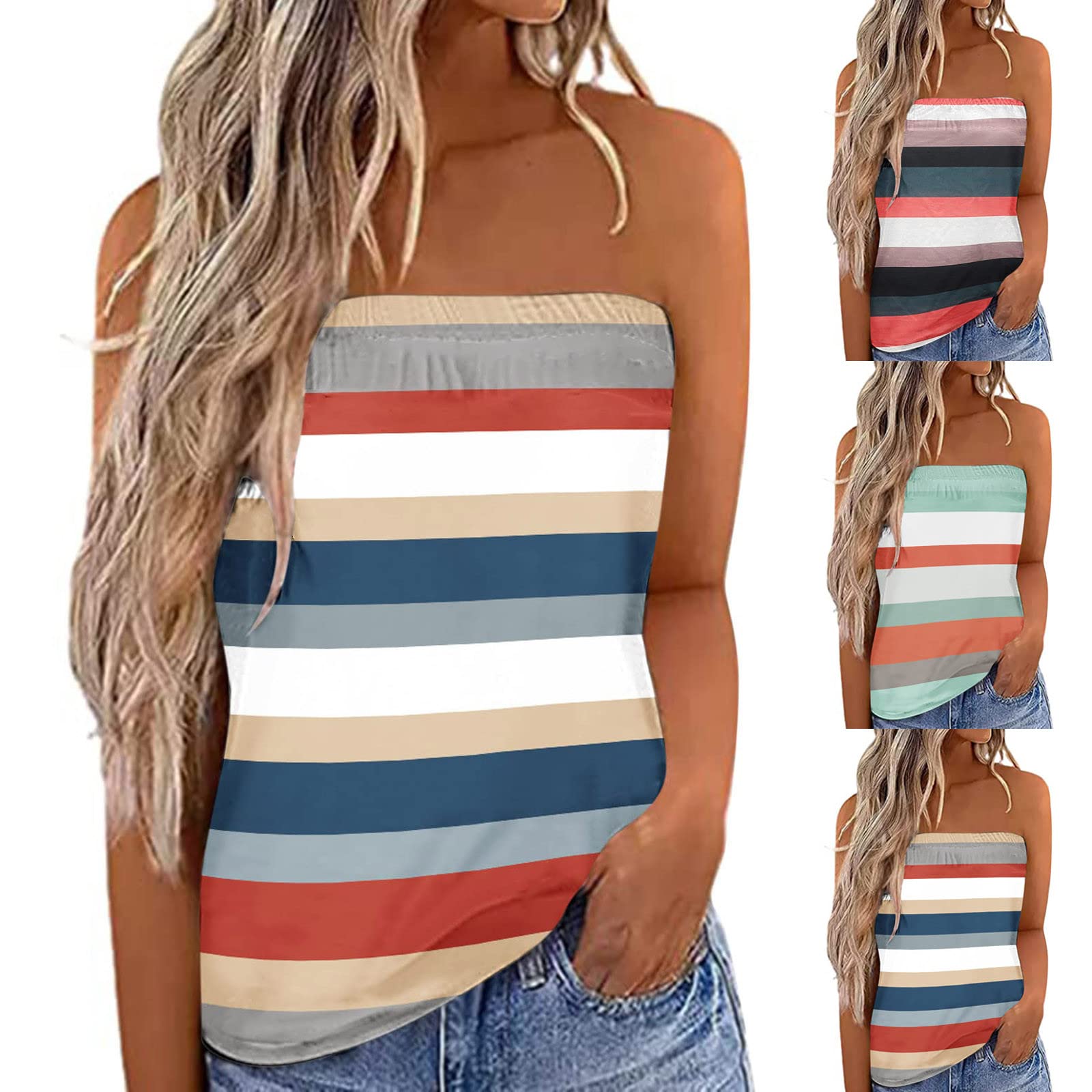 HRAPDA Women's Sexy Strapless Tube Tops - Casual Summer Striped Print Off Shoulder Tank Tops for Going Out, Beach, Party & Date Night