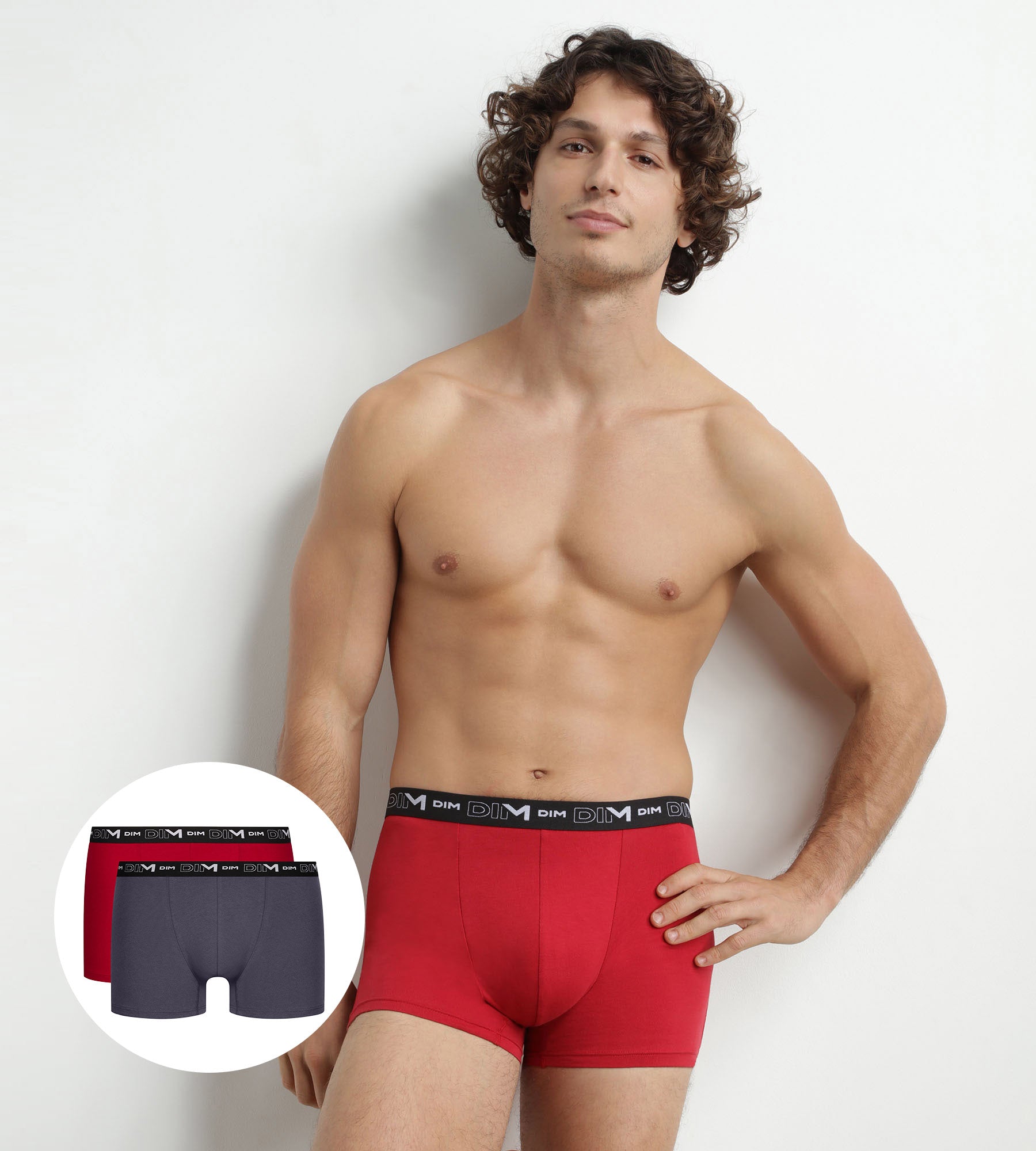 2 Pack Men's Boxer Briefs - Gray & Red Contrast Waistband, DIM Cotton Stretch Underwear for Everyday Comfort & Active Wear