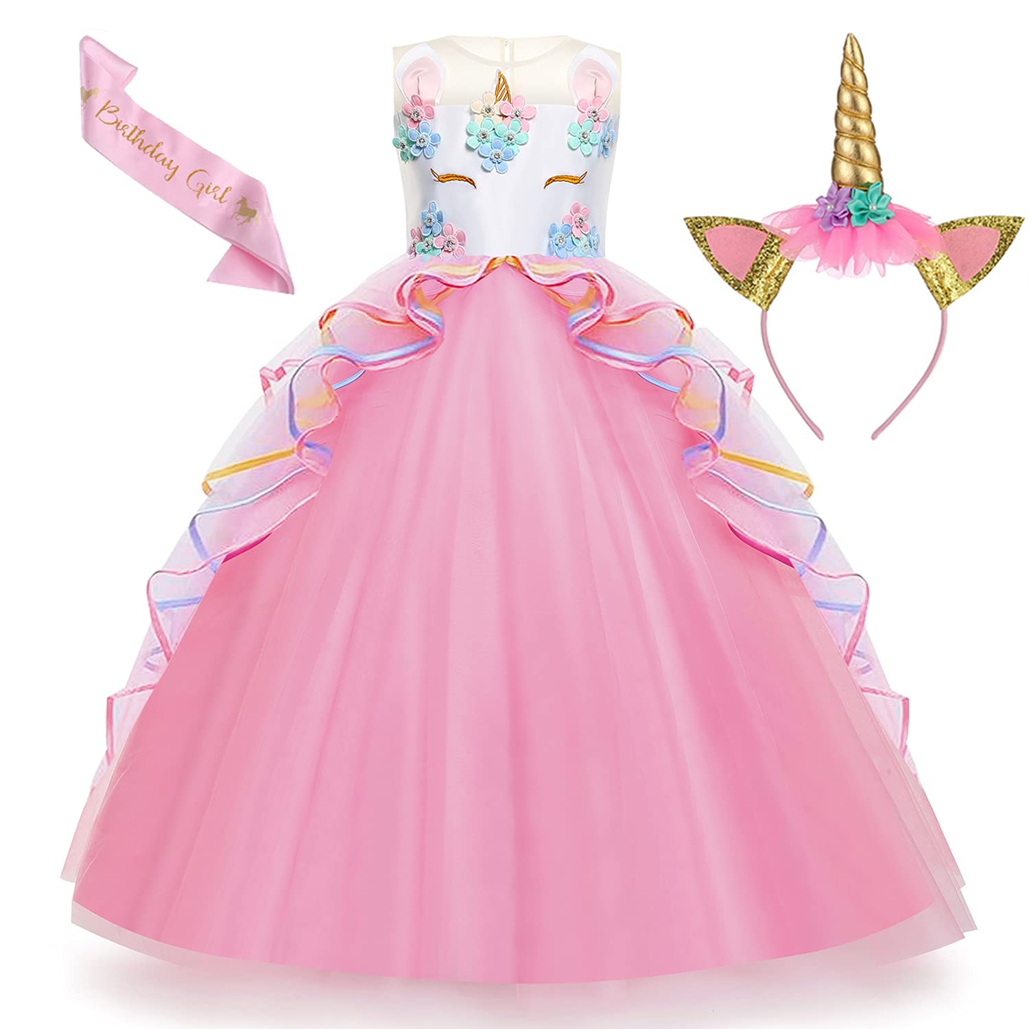 Magical Unicorn Princess Dress for Girls - Sparkly Long Satin Gown with Matching Unicorn Headband - Perfect for Birthday Parties, Pageants, Halloween & Fantasy Dress-Up Play