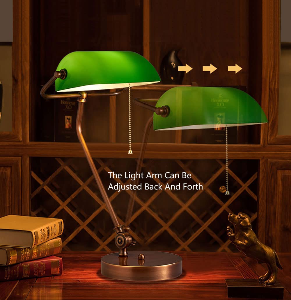 Vintage Emerald Green Glass Banker Desk Lamp with Copper Base - Adjustable 360° LED Reading Light, Pull Chain Switch, E27 Bulb Compatible - Perfect for Home Office, Study Room & Bedside Nightstand Lighting (Model-G)