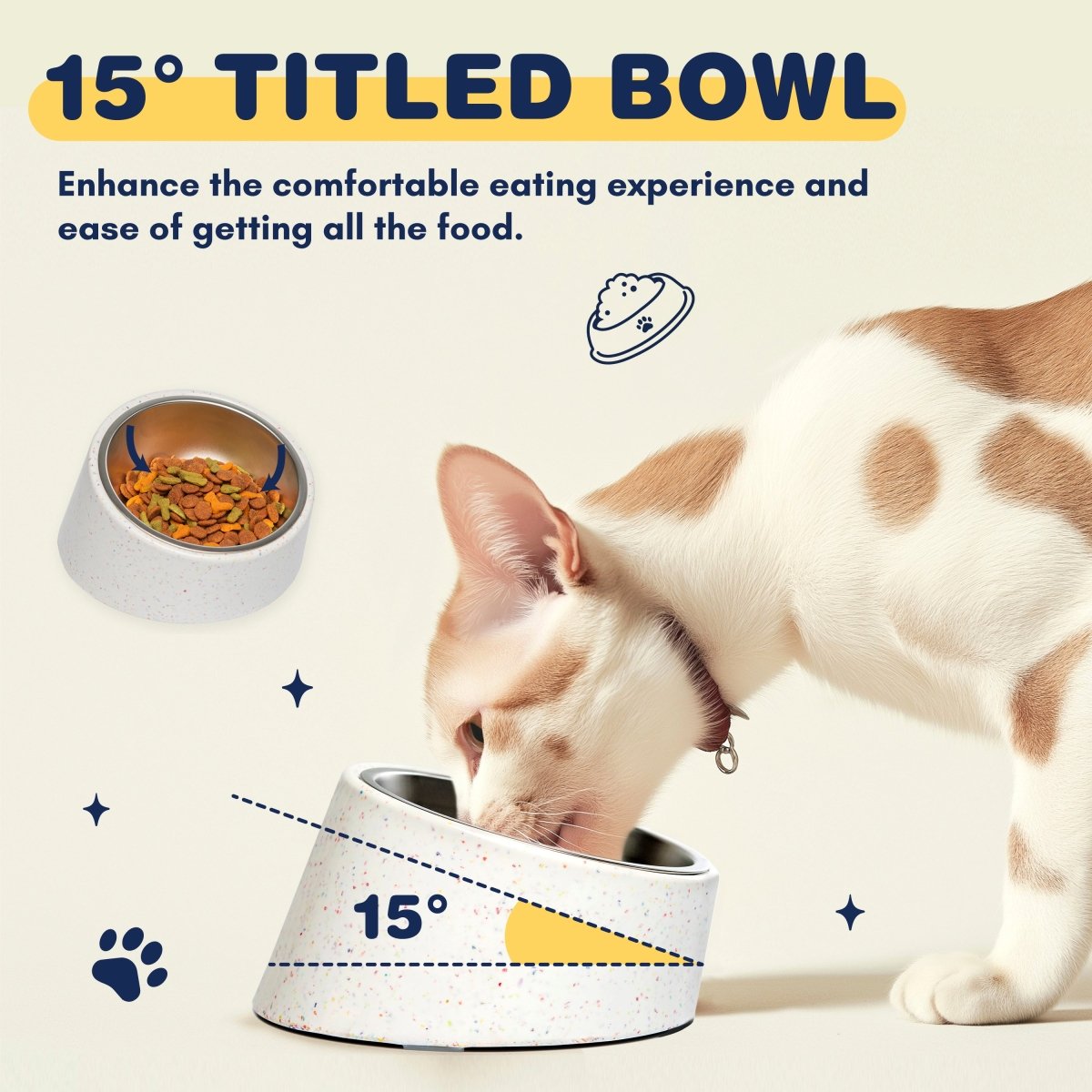 Bzyoo 16oz Tilted Dog Bowl for Small Dogs & Cats - Ergonomic Elevated Pet Food Dish, Anti-Slip Base, Slow Feeder, White - Perfect for Puppies, Kittens & Senior Pets with Neck Pain