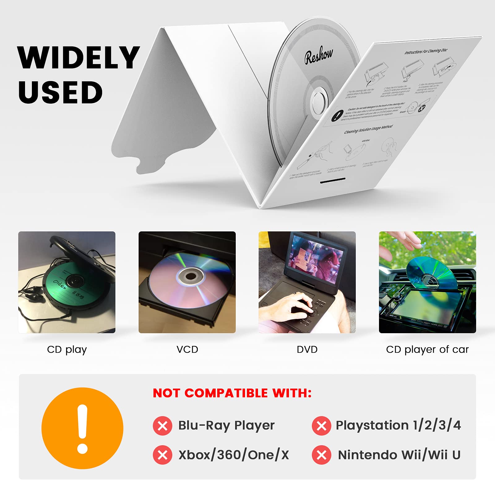 Reshow CD Player Cleaner Kit - Professional Laser Lens & Disc Cleaning Set for CD/VCD/DVD Players | Includes Microfiber Cloth, Cleaning Disc & Solution | Perfect for Home Audio Systems & Car Stereos