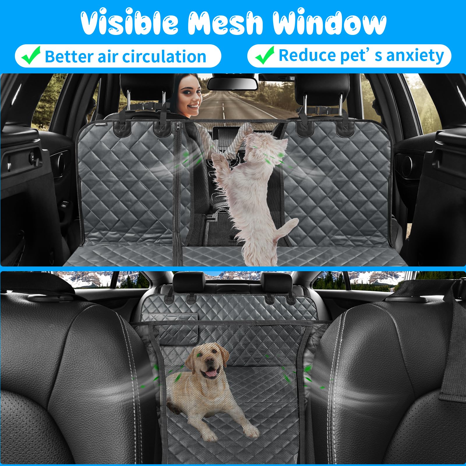 URPOWER 6-in-1 Waterproof Dog Car Seat Cover for Back Seat - 40/60 Split Pet Hammock with Mesh Window & Side Flaps - Universal Fit for Cars, SUVs, Trucks - Perfect for Road Trips, Vet Visits & Daily Commutes