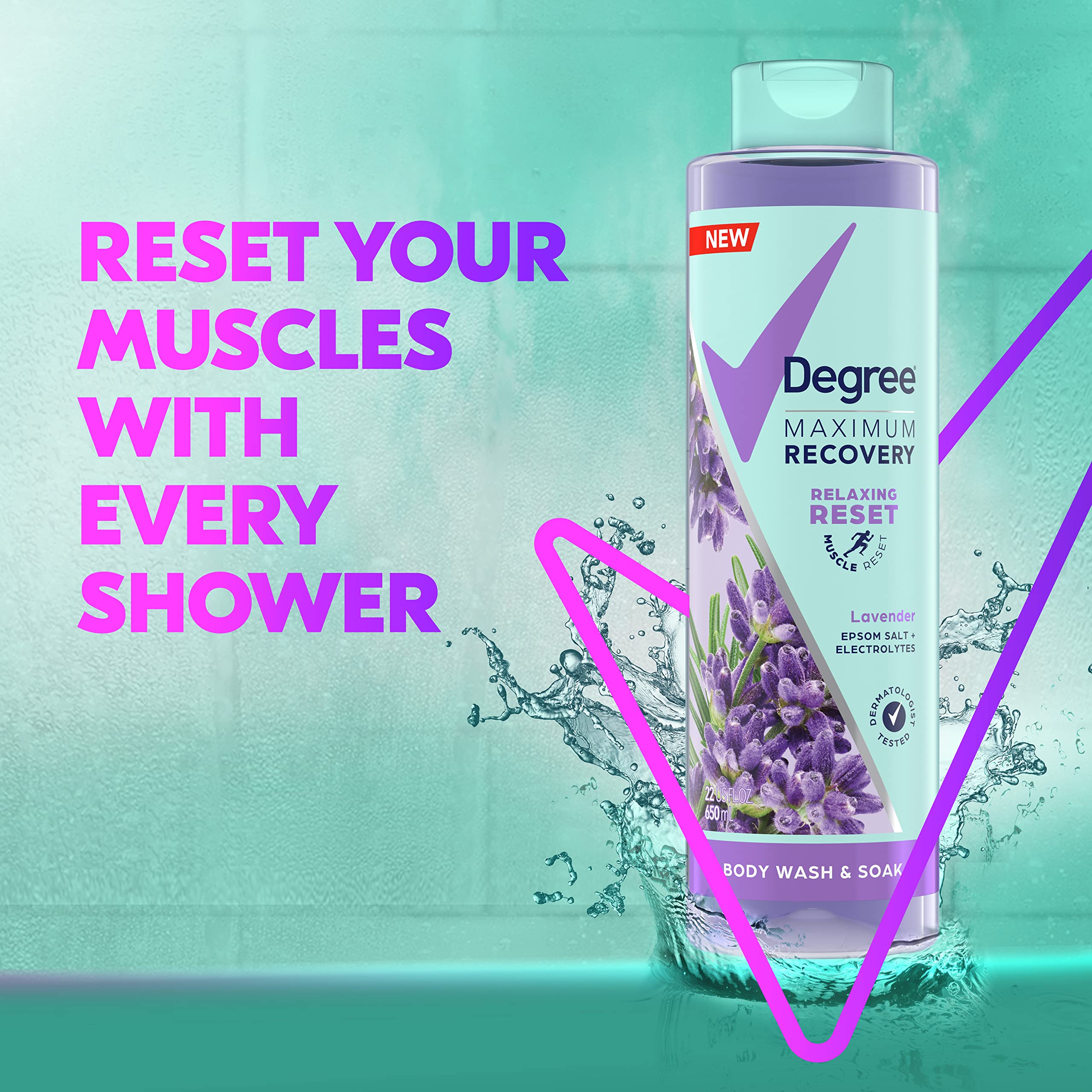Degree Maximum Recovery Body Wash & Soak - Post-Workout Skincare with Lavender Extract, Epsom Salt & Electrolytes - 22 Fl Oz (Pack of 4) - Ideal for Muscle Recovery, Relaxation & Detox After Gym, Yoga or Sports