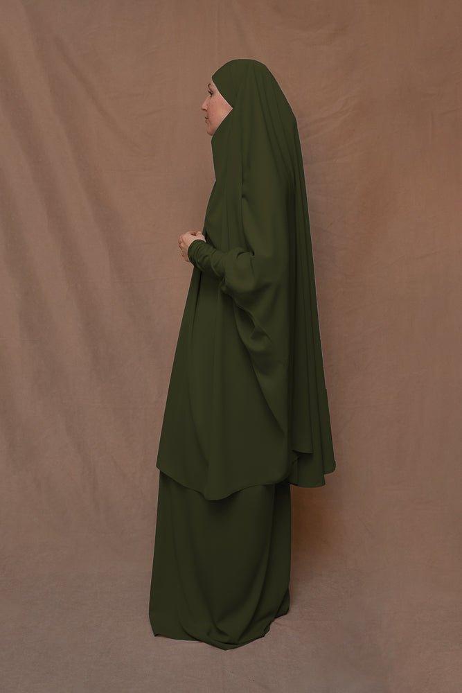 Army Green Moira Prayer Umrah Gown with Niqab - Islamic Modest Dress for Women - Perfect for Hajj, Umrah, Prayer & Religious Ceremonies