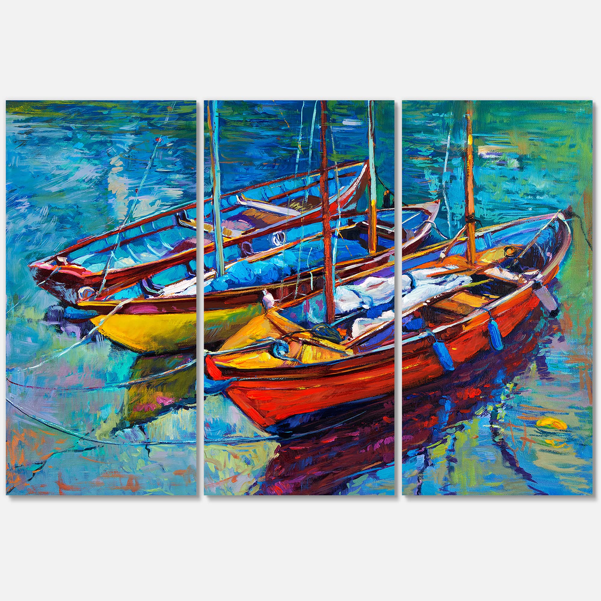 Three Boats in the Harbor Nautical Canvas Wall Art - Coastal Beach House Decor for Living Room, Bedroom & Office