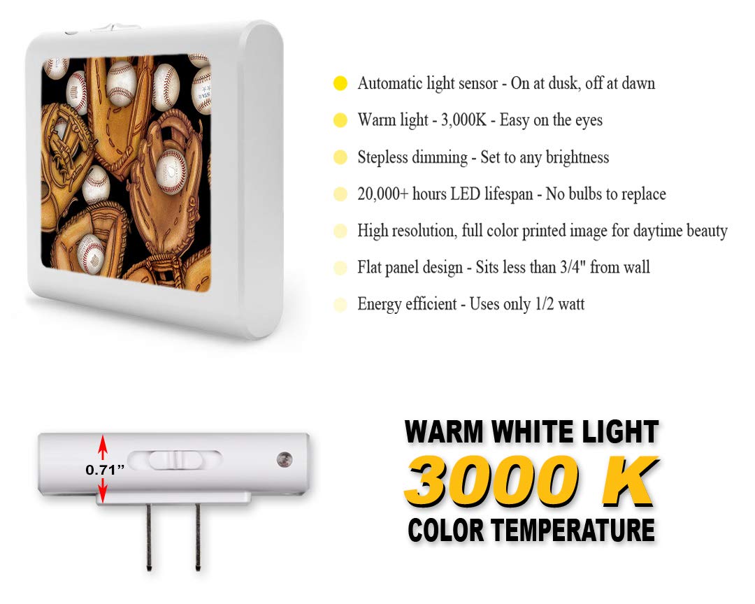 Dimmable LED Night Light with Auto On/Off Sensor - Adjustable Brightness Warm Light for Bathroom, Hallway, Nursery & Bedrooms - Perfect for Safe Nighttime Navigation - Baseball Gloves Design by Dan Morris