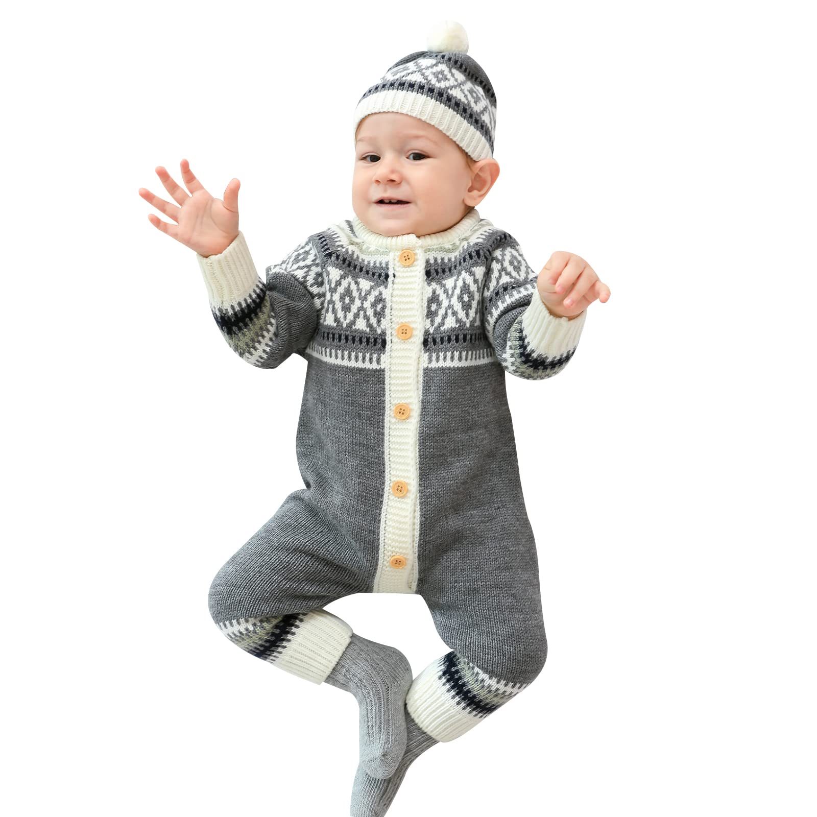 Newborn Baby Romper with Hat Set - Soft Knitted Sweater Jumpsuit for Infant Boys & Girls - Long Sleeve Outfit (Grey, 70cm) - Perfect for Photo Shoots, Family Gatherings & Daily Wear