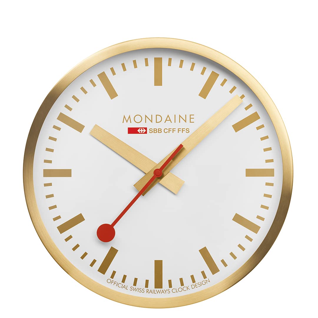 Official Swiss Railways Mondaine A990.Clock.18SBG 25cm Wall Clock - Red Second Hand, Gold Aluminum Casing, Dust Resistant - Made in Switzerland | Perfect for Home, Office & Train Station Décor