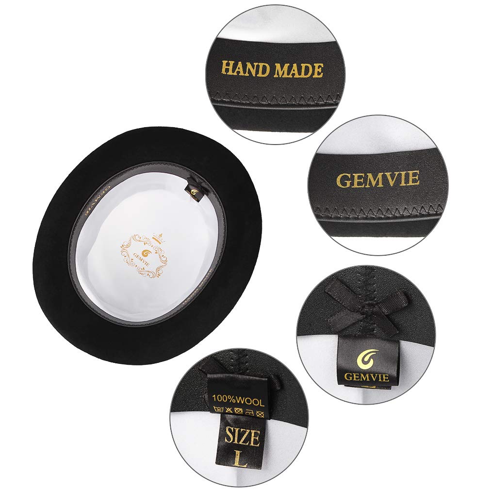 GEMVIE Men's 100% Wool Top Hat with Feather - Mad Hatter Style Satin Lined Low Top Hat for Magic Shows, Cosplay, and Victorian Costume Parties