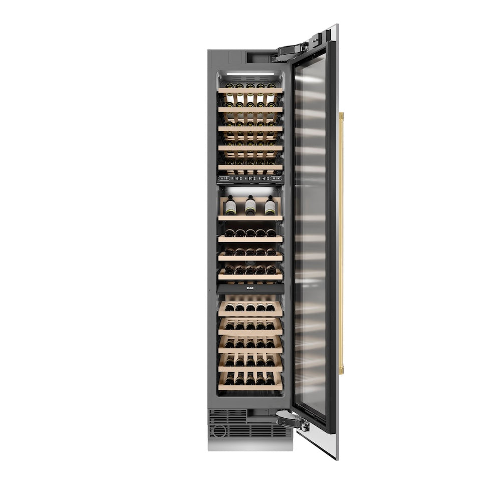 ZLINE Autograph Edition 18-inch 9.0 cu. ft. Triple Zone 68 Bottle Right Hinge Stainless Steel Wine Cooler with Polished Gold Accents - Perfect for Home Bars, Restaurants, and Wine Cellars (RCWVRZ 30418 G)
