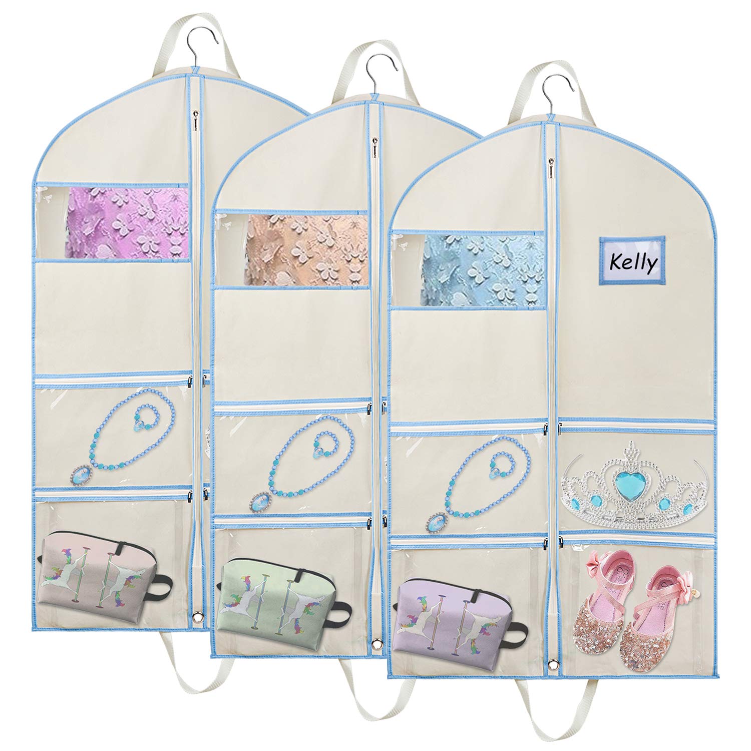 Zilink 3-Pack Kids Dance Costume Garment Bags with Zipper Pockets, Carry Handles - Perfect for Dance Competitions, Recitals, Travel & Closet Storage