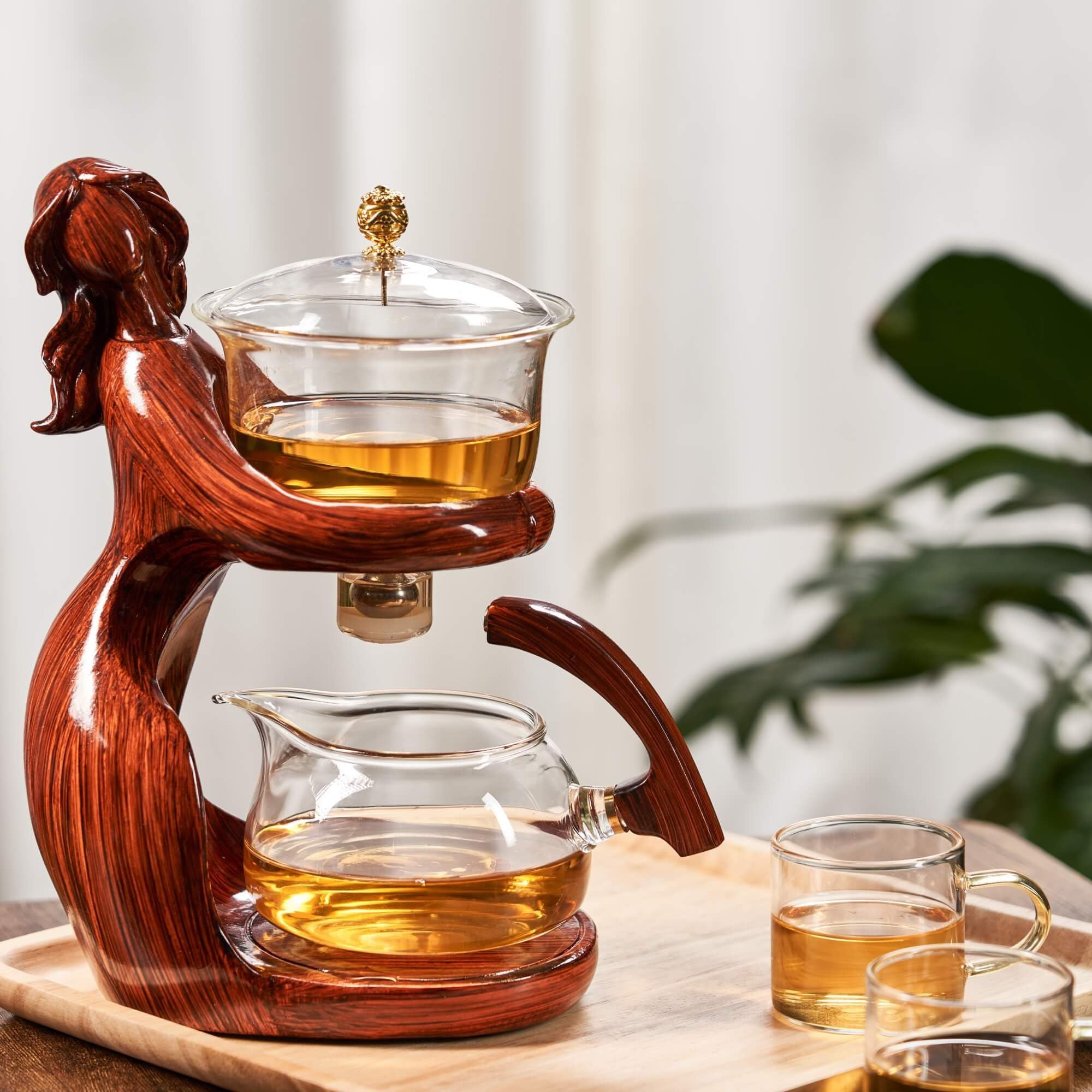 Premium Glass Kungfu Teapot Set with Infuser - Semi Automatic Tea Brewing Kit with 6 Small Cups (Red) - Perfect for Chinese Tea Ceremony, Home Tea Party & Gift Giving